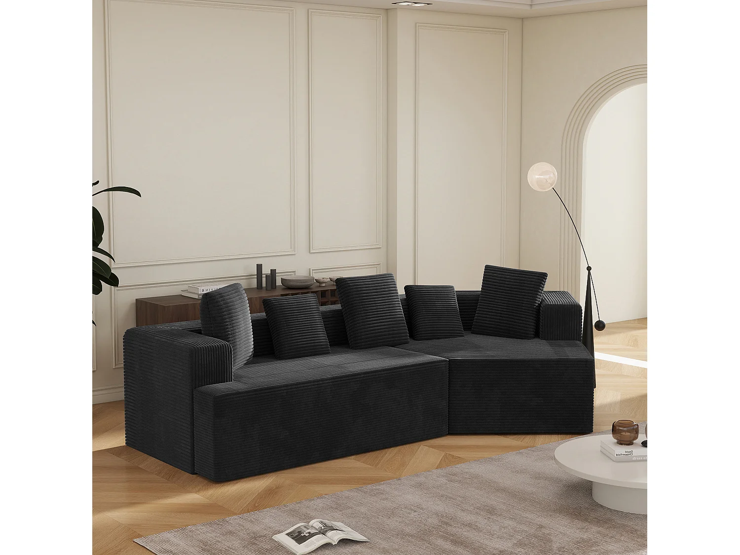 Canapé modulaire en velours côtelé, 3 places, design contemporain, noir (307x159x67cm)