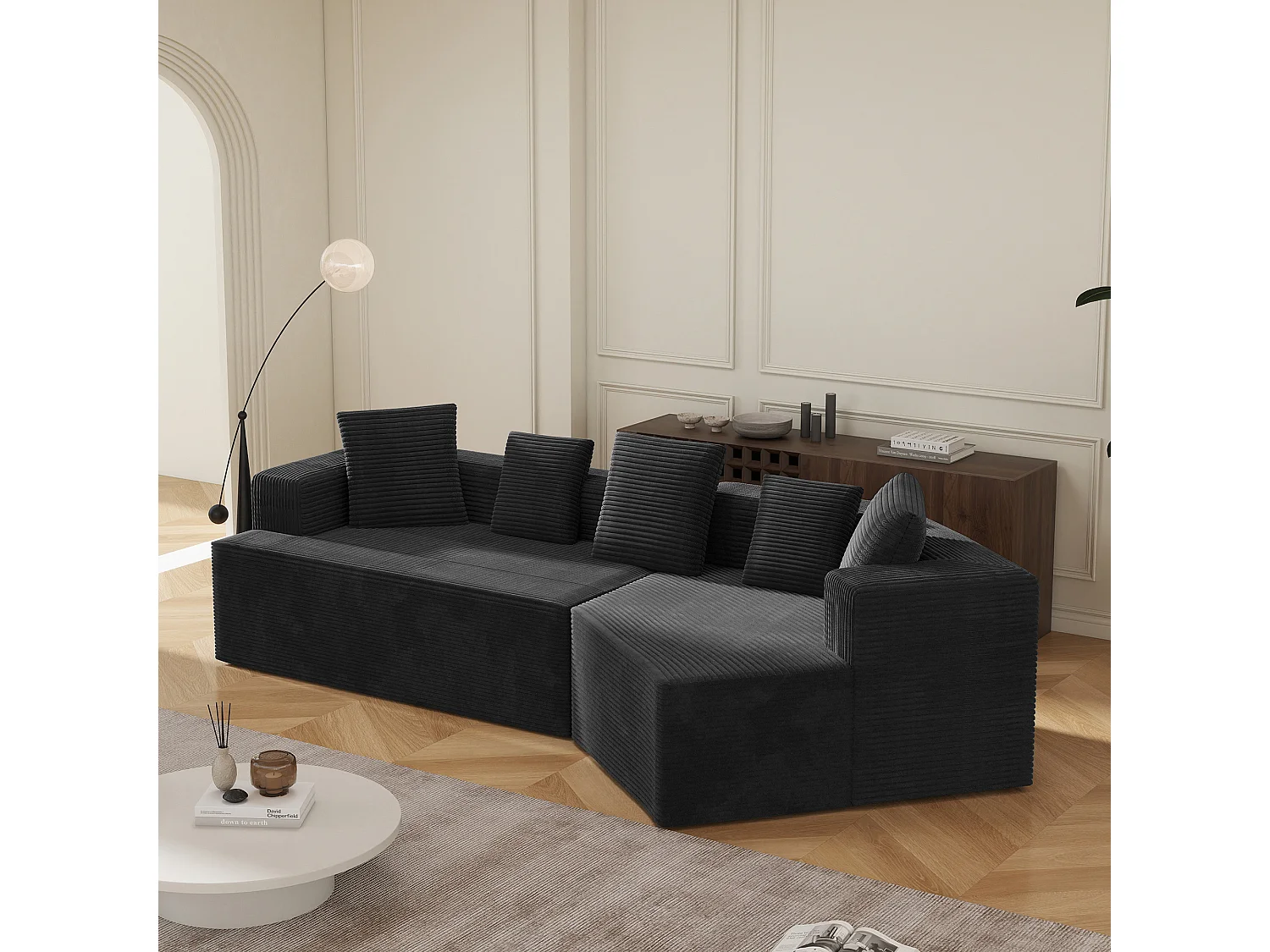 Canapé modulaire en velours côtelé, 3 places, design contemporain, noir (307x159x67cm)