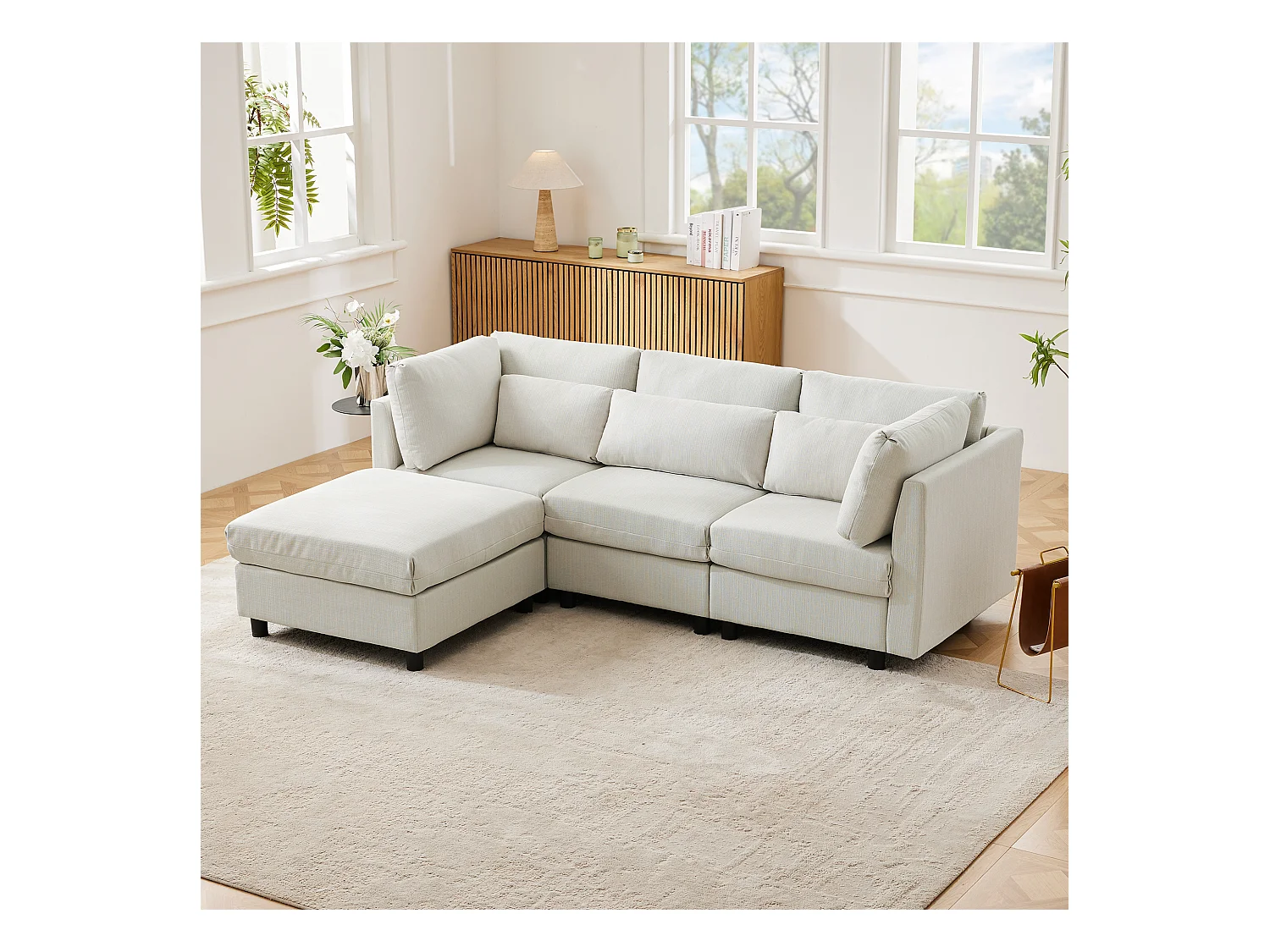 Canapé d'angle moderne en lin, avec pouf, canapé 3 places, canapé L, pour salon et salle à manger (220x83x81 cm)