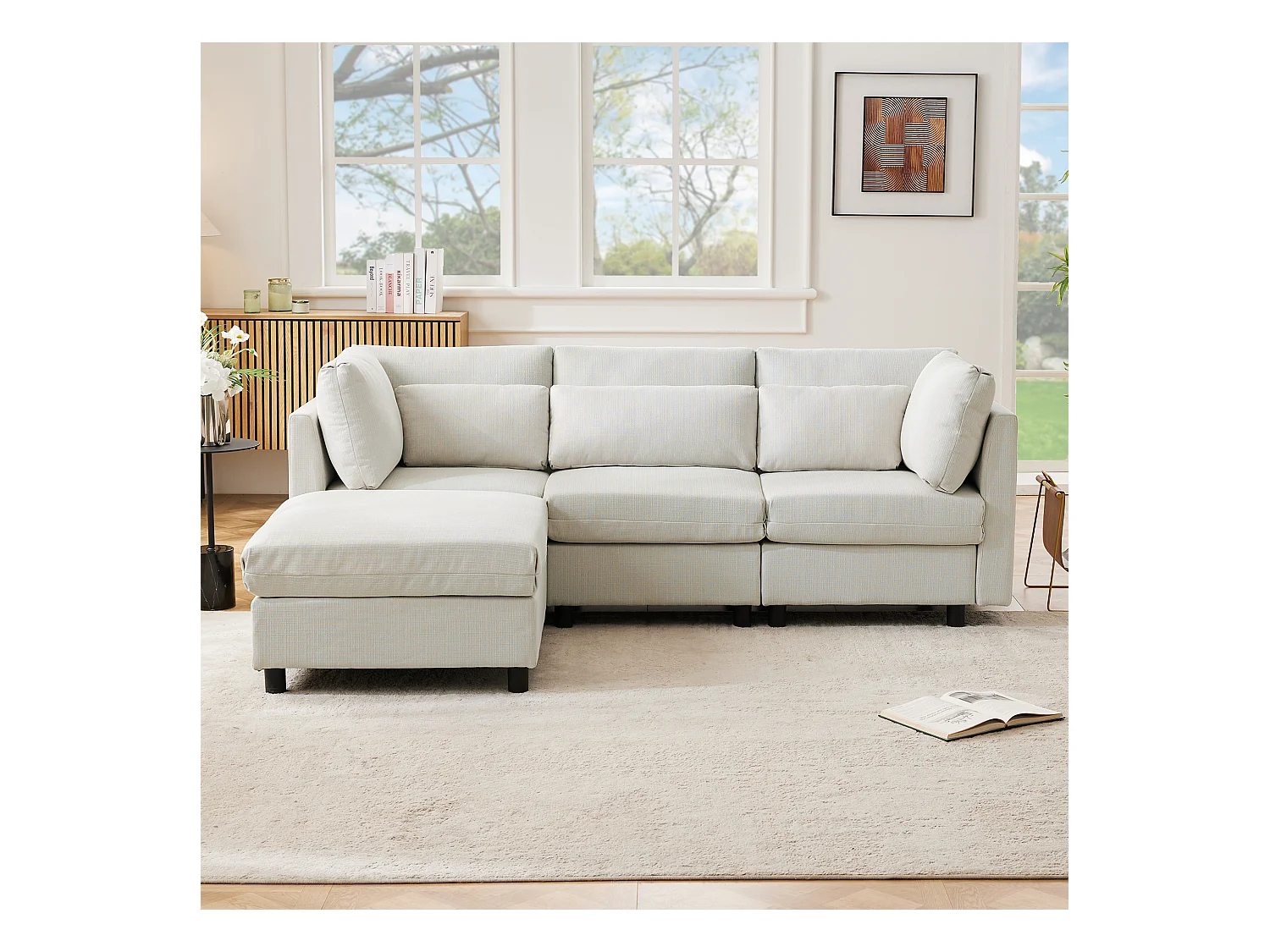 Canapé d'angle moderne en lin, avec pouf, canapé 3 places, canapé L, pour salon et salle à manger (220x83x81 cm)