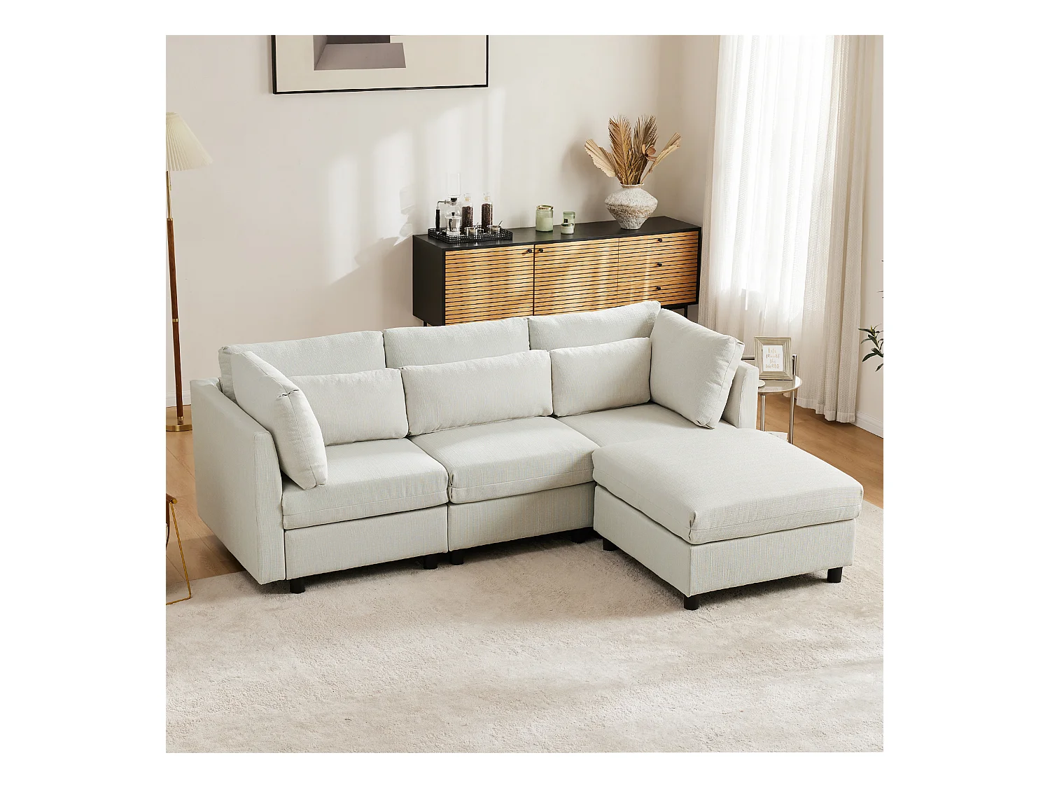 Canapé d'angle moderne en lin, avec pouf, canapé 3 places, canapé L, pour salon et salle à manger (220x83x81 cm)