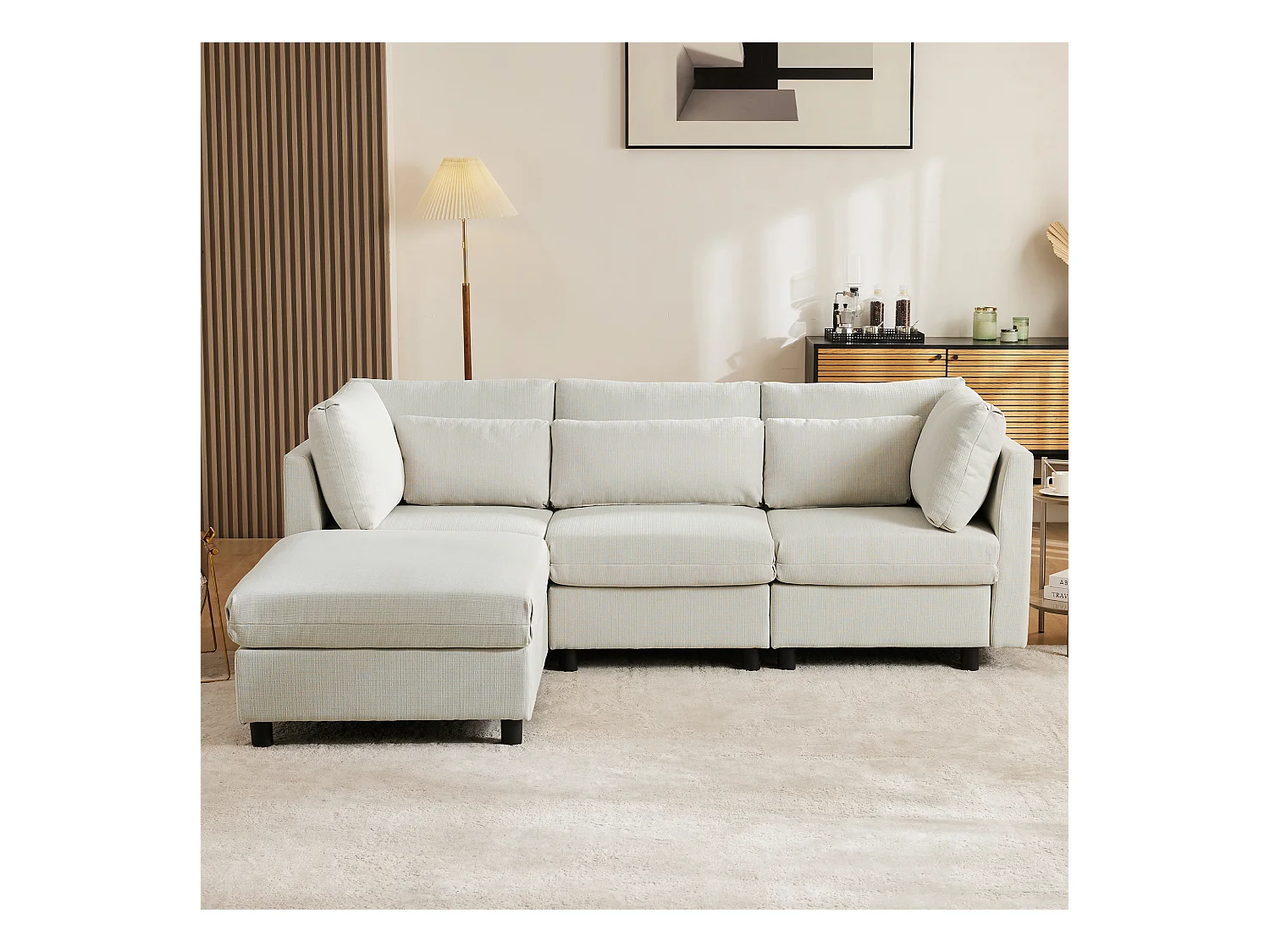 Canapé d'angle moderne en lin, avec pouf, canapé 3 places, canapé L, pour salon et salle à manger (220x83x81 cm)