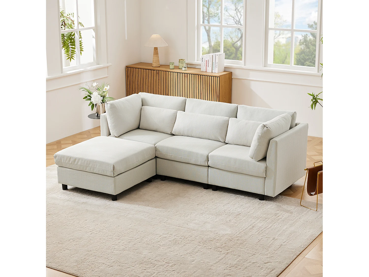 Sofá esquinero moderno de lino con otomana, sofá de 3 plazas, sofá en forma de L, para salón y comedor (220 x 83 x 81 cm)