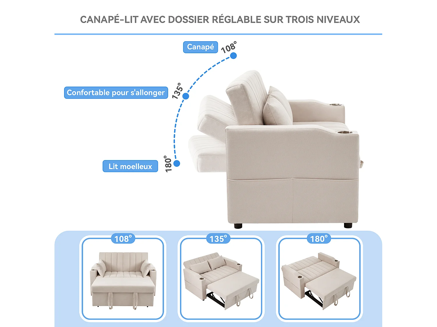Canapé convertible 2 places, en coton, avec fonction lit, beige (136x162x84 cm)