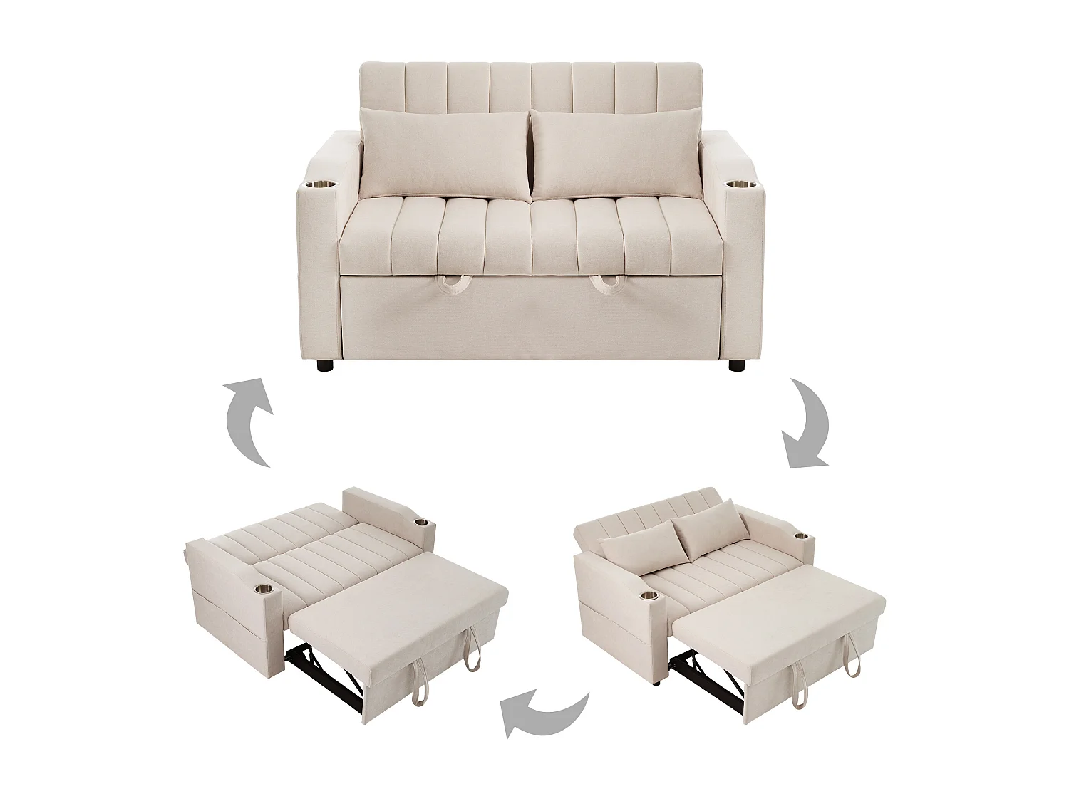 Canapé convertible 2 places, en coton, avec fonction lit, beige (136x162x84 cm)