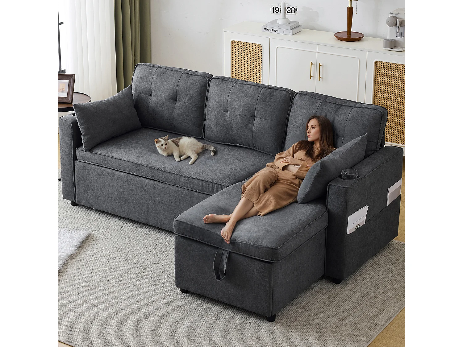 Sofá cama en L, con función cama, en algodón, con portavasos y almacenaje, gris (211x129,5x86 cm)