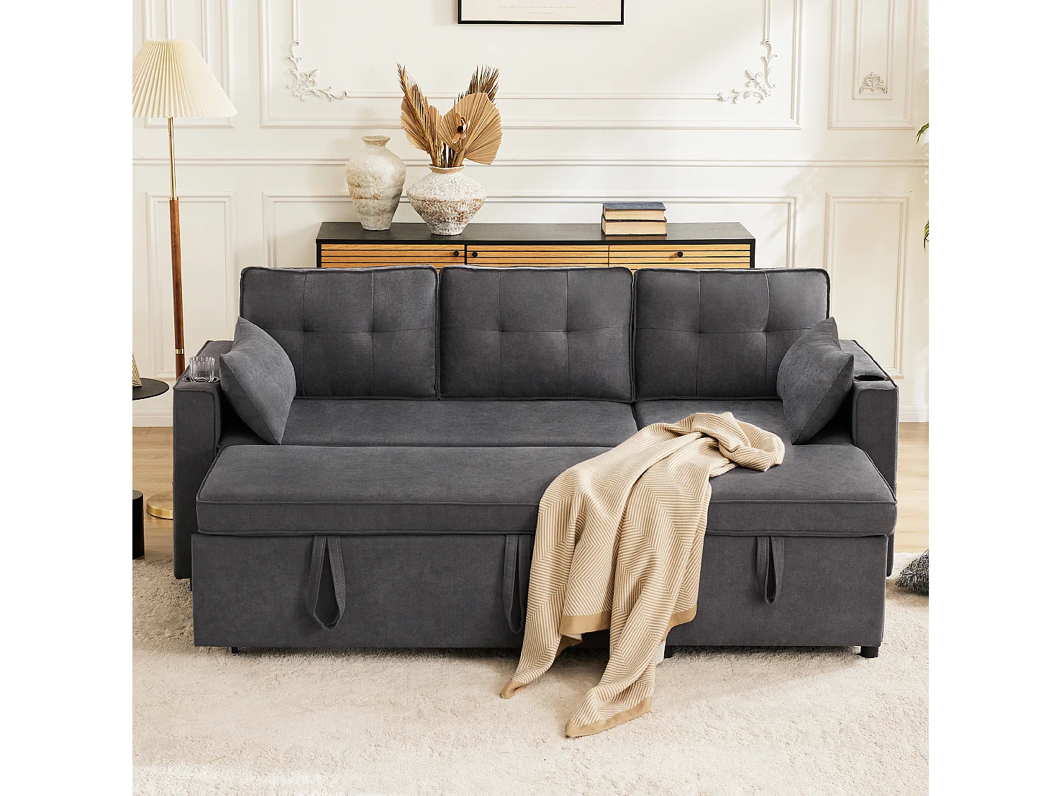 Sofá cama en L, con función cama, en algodón, con portavasos y almacenaje, gris (211x129,5x86 cm)