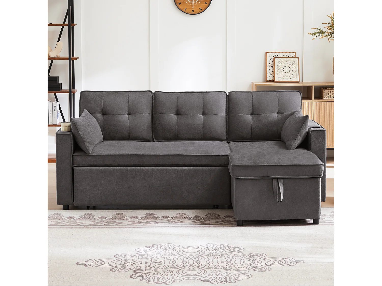 Sofá cama en L, con función cama, en algodón, con portavasos y almacenaje, gris (211x129,5x86 cm)