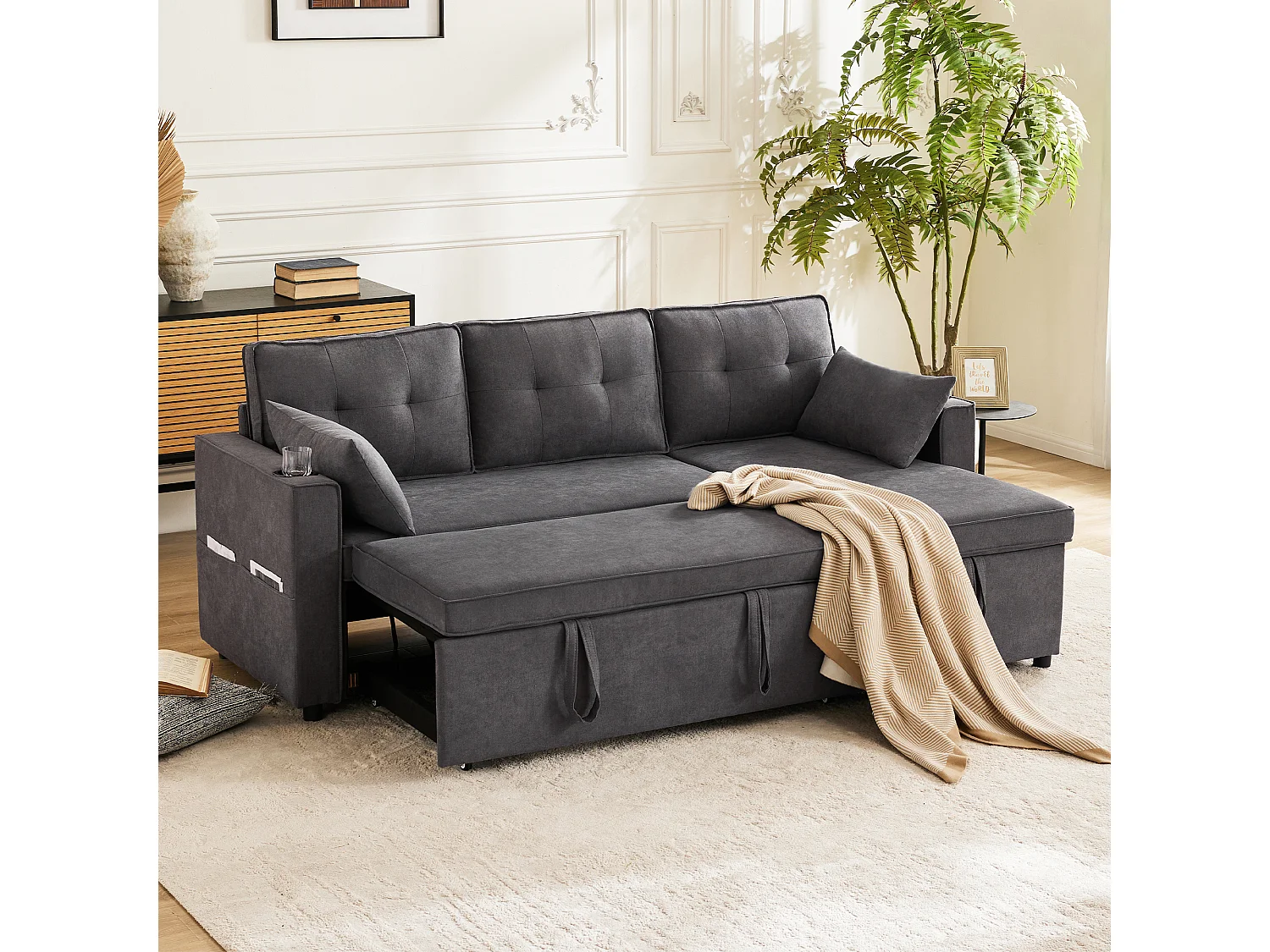 Sofá cama en L, con función cama, en algodón, con portavasos y almacenaje, gris (211x129,5x86 cm)