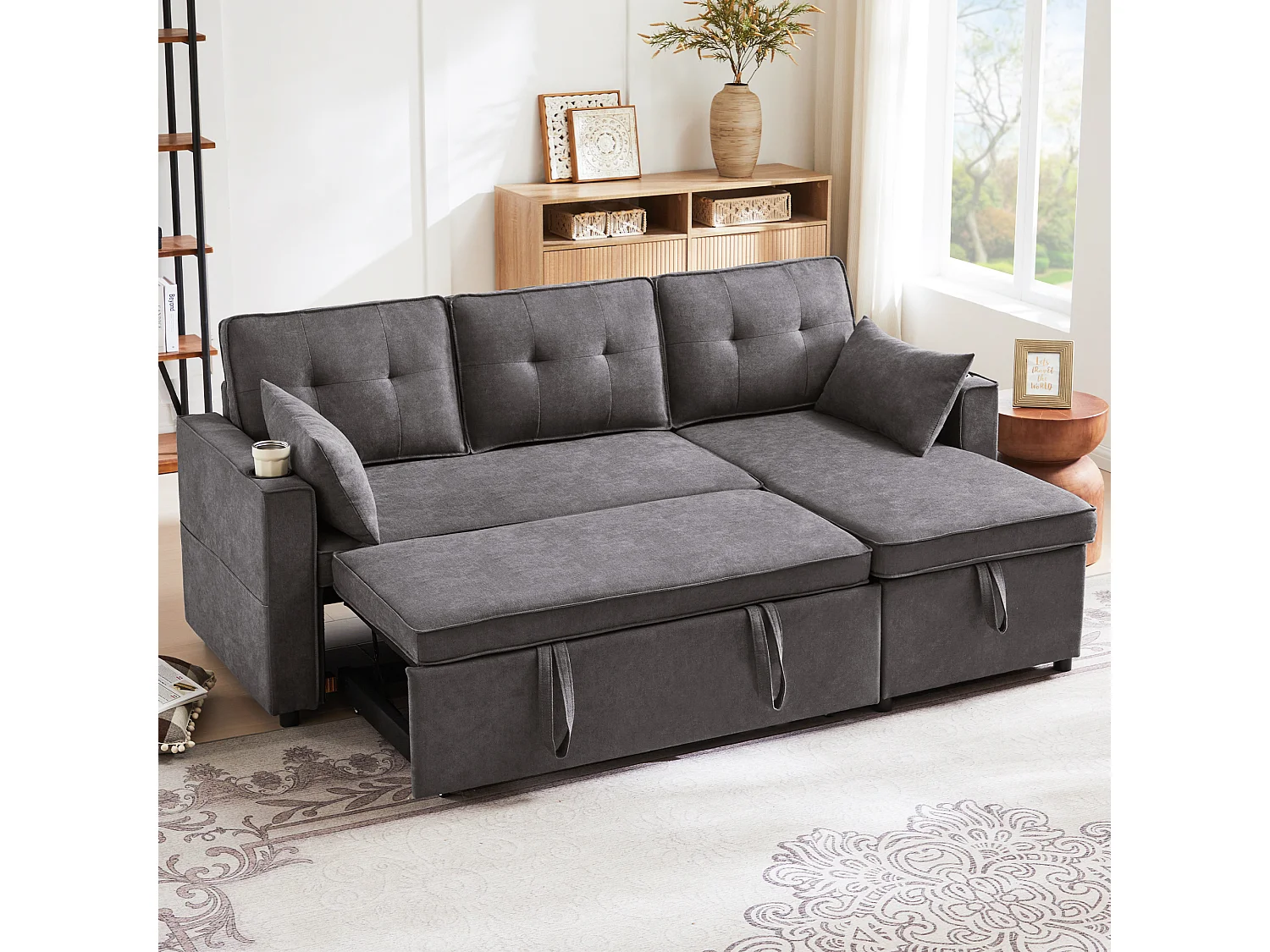 Sofá cama en L, con función cama, en algodón, con portavasos y almacenaje, gris (211x129,5x86 cm)