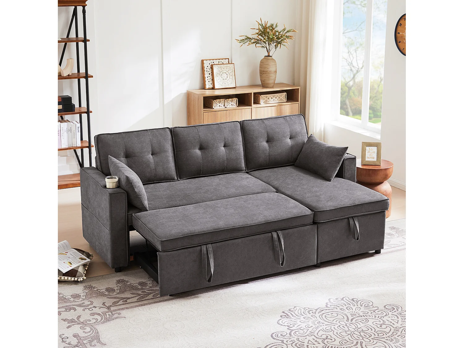 Sofá cama en L, con función cama, en algodón, con portavasos y almacenaje, gris (211x129,5x86 cm)