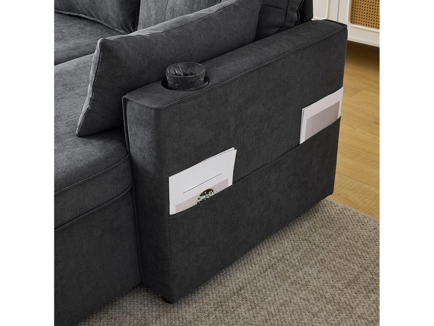 Sofá cama en L, con función cama, en algodón, con portavasos y almacenaje, gris (211x129,5x86 cm)