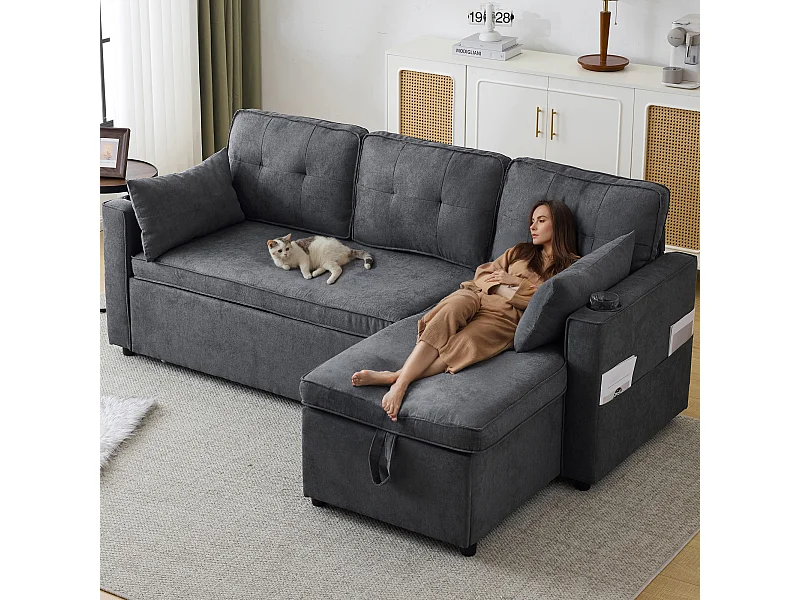 Canapé convertible L-forme, avec fonction lit, en coton, avec porte-gobelets et rangement, gris (211x129.5x86 cm)