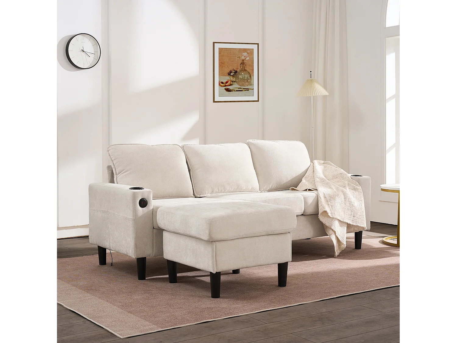 Canapé d'angle avec ports USB et Type-C, canapé 3 places avec porte-gobelets, en lin beige (202x137x80 cm)