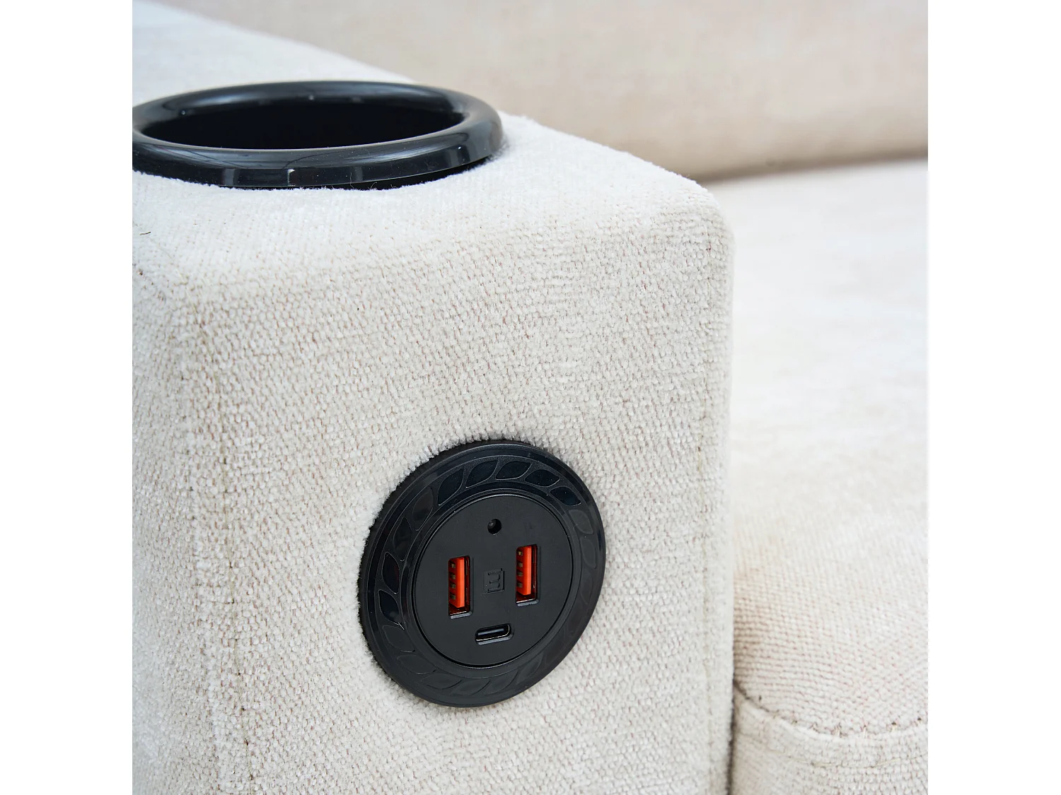 Canapé d'angle avec ports USB et Type-C, canapé 3 places avec porte-gobelets, en lin beige (202x137x80 cm)