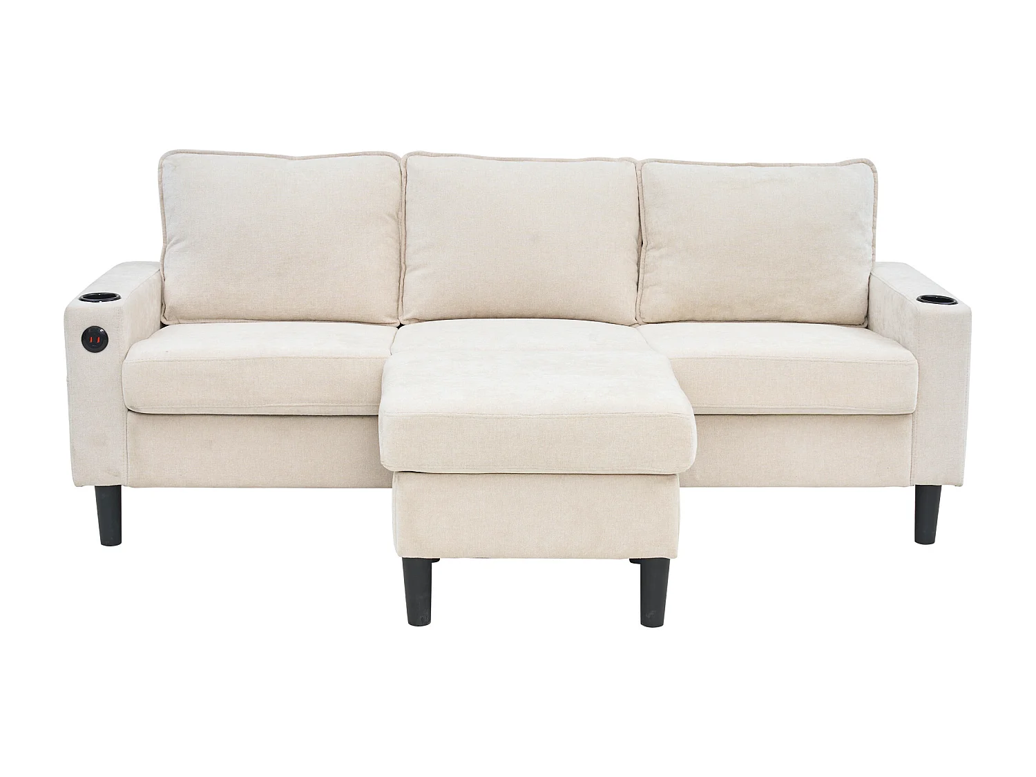 Canapé d'angle avec ports USB et Type-C, canapé 3 places avec porte-gobelets, en lin beige (202x137x80 cm)