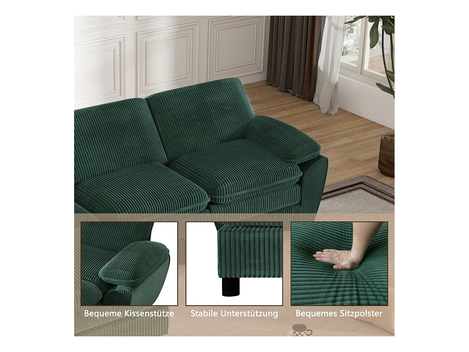 Modulaire bank met dubbele kussens, fluweel, afneembare poef, groen (258x86,1x87,8 cm)