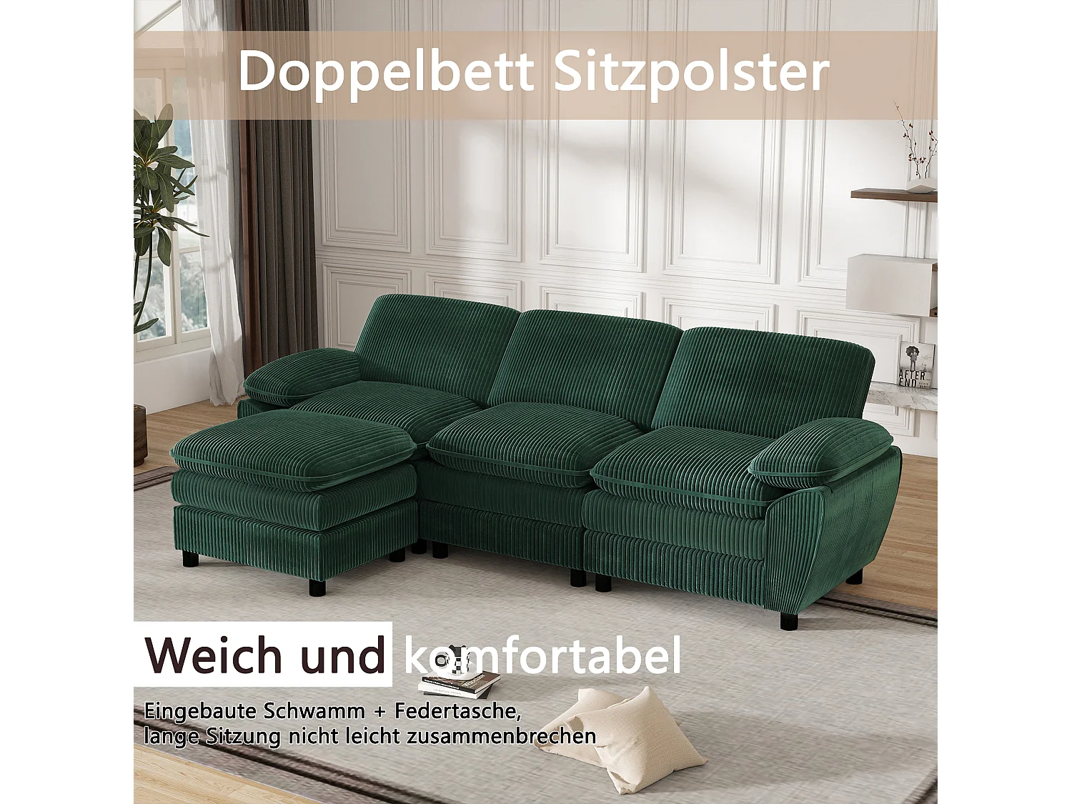 Modulaire bank met dubbele kussens, fluweel, afneembare poef, groen (258x86,1x87,8 cm)