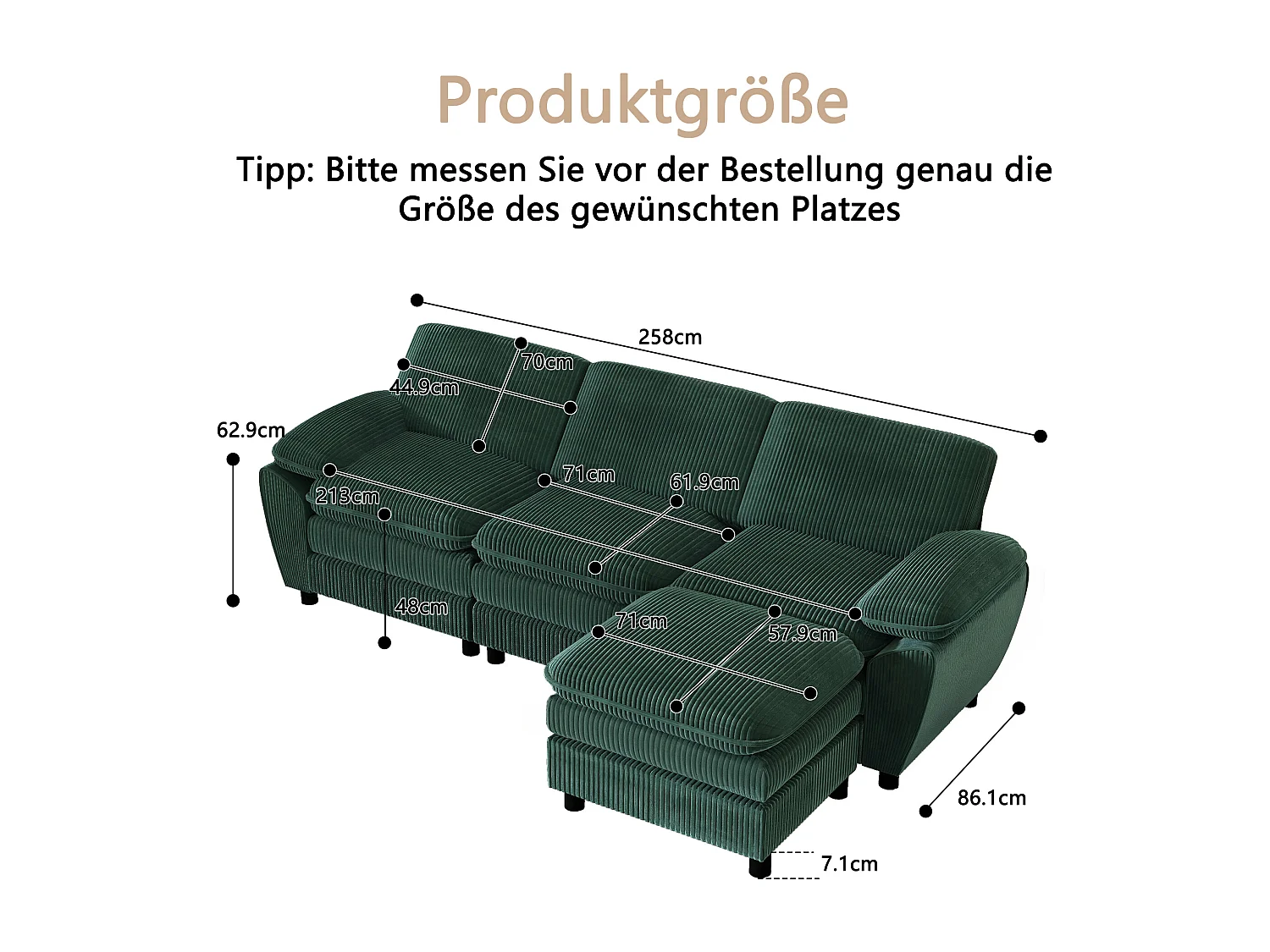 Modulaire bank met dubbele kussens, fluweel, afneembare poef, groen (258x86,1x87,8 cm)