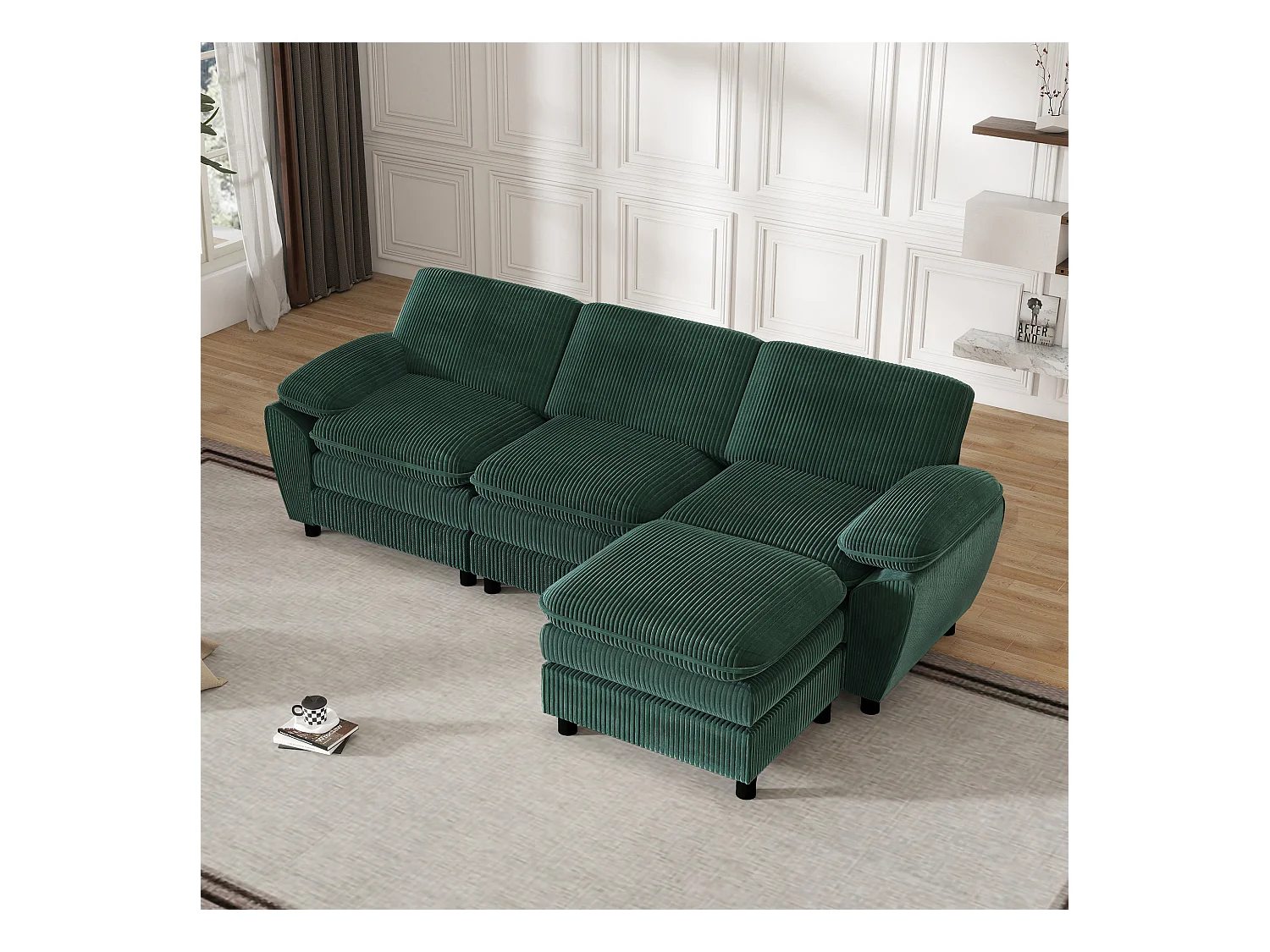Canapé modulable avec coussins doubles, velours, Pouf amovible, vert (258x86.1x87.8 cm)