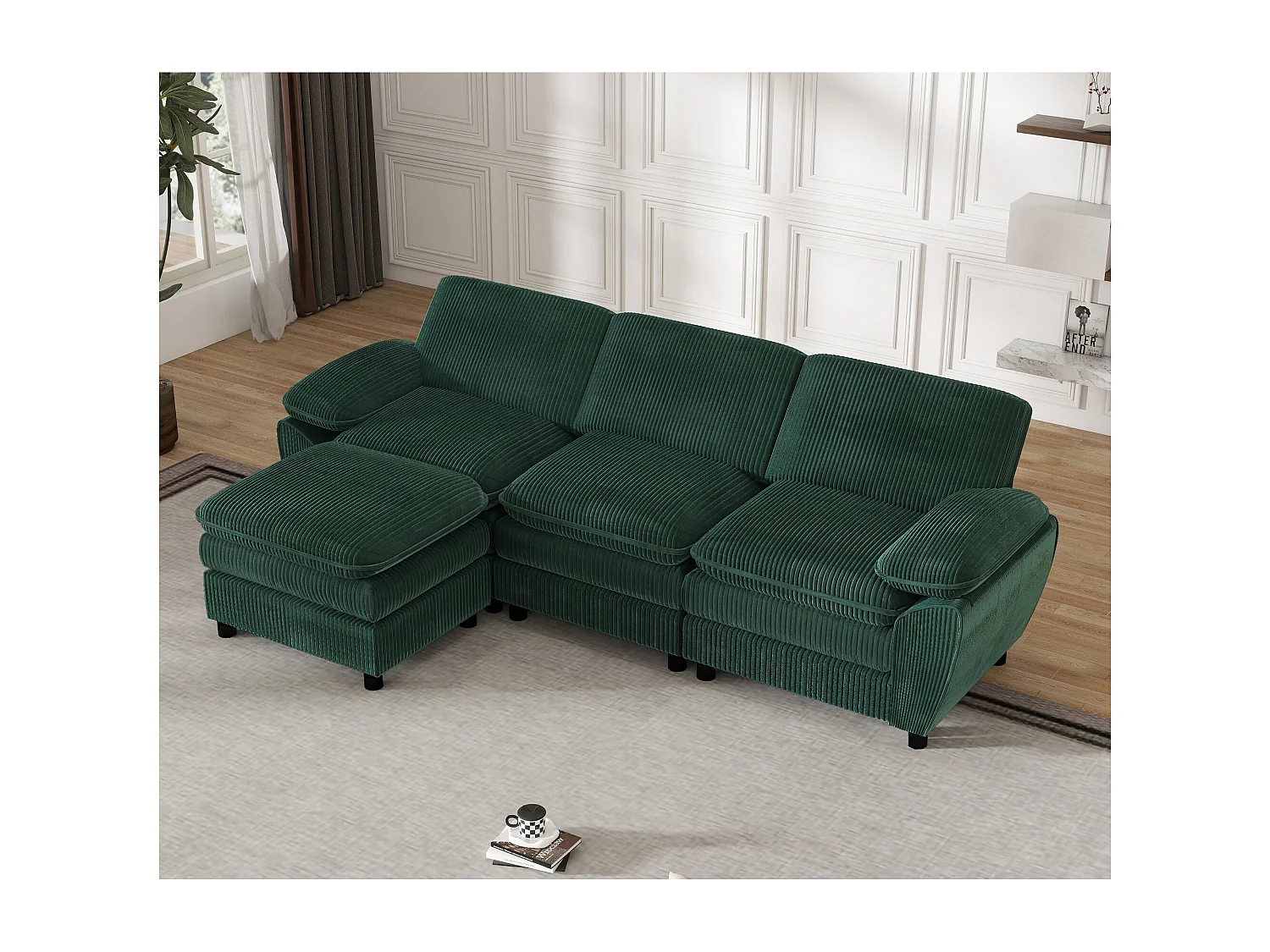 Divano componibile con cuscini doppi, velluto, pouf sfoderabile, verde (258x86,1x87,8 cm)