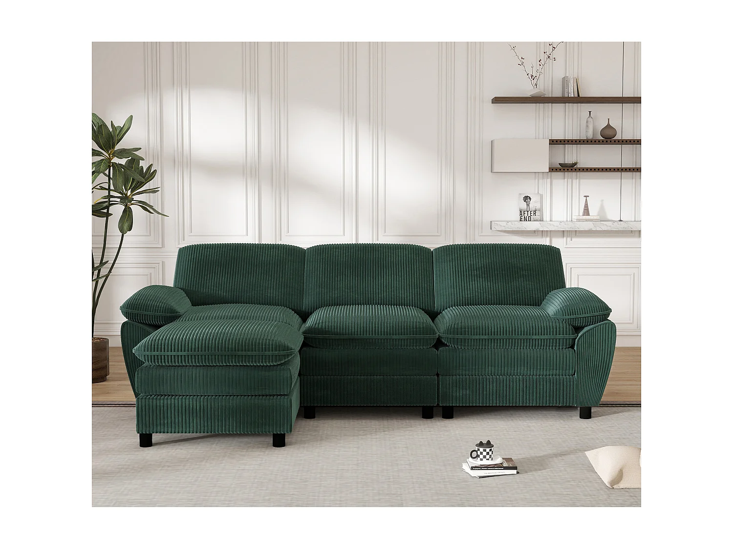 Divano componibile con cuscini doppi, velluto, pouf sfoderabile, verde (258x86,1x87,8 cm)