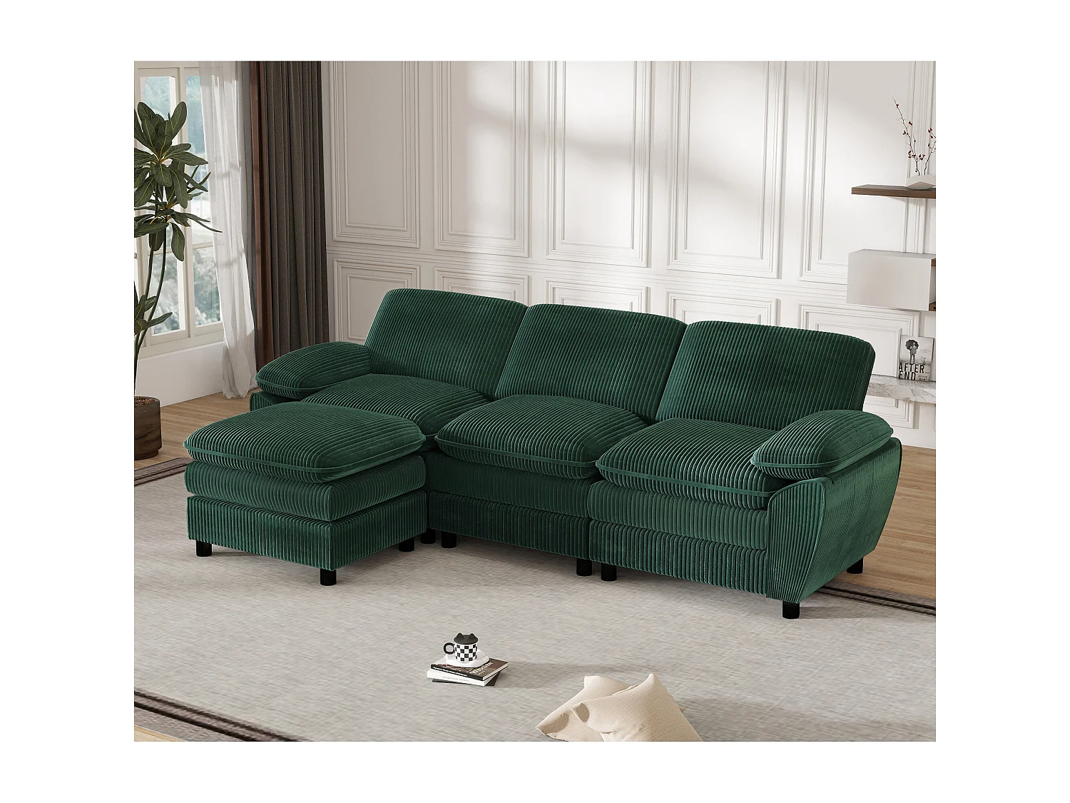 Divano componibile con cuscini doppi, velluto, pouf sfoderabile, verde (258x86,1x87,8 cm)
