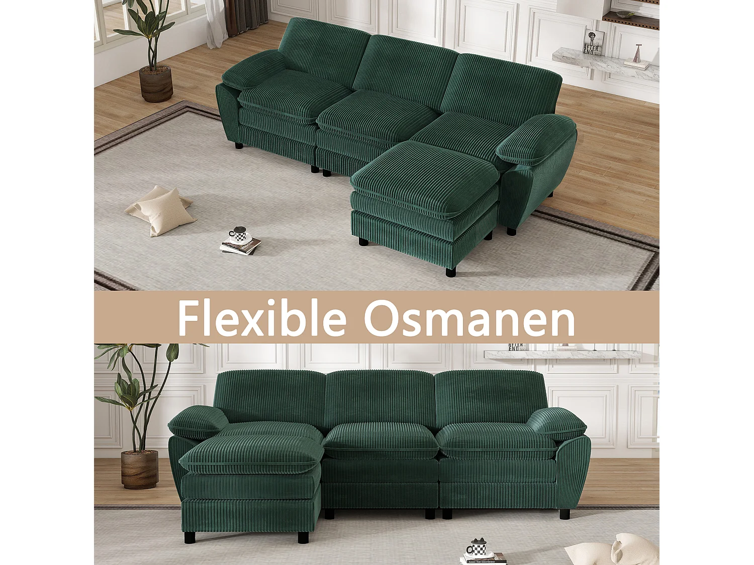 Divano componibile con cuscini doppi, velluto, pouf sfoderabile, verde (258x86,1x87,8 cm)