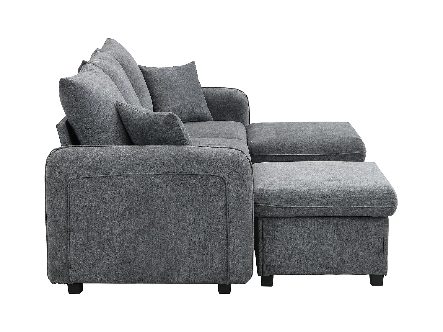 Sofá esquinero multifuncional de 3 plazas con compartimento de almacenaje, puf incluido, función cama, en tejido de chenilla gris oscuro (188x186x86 cm)