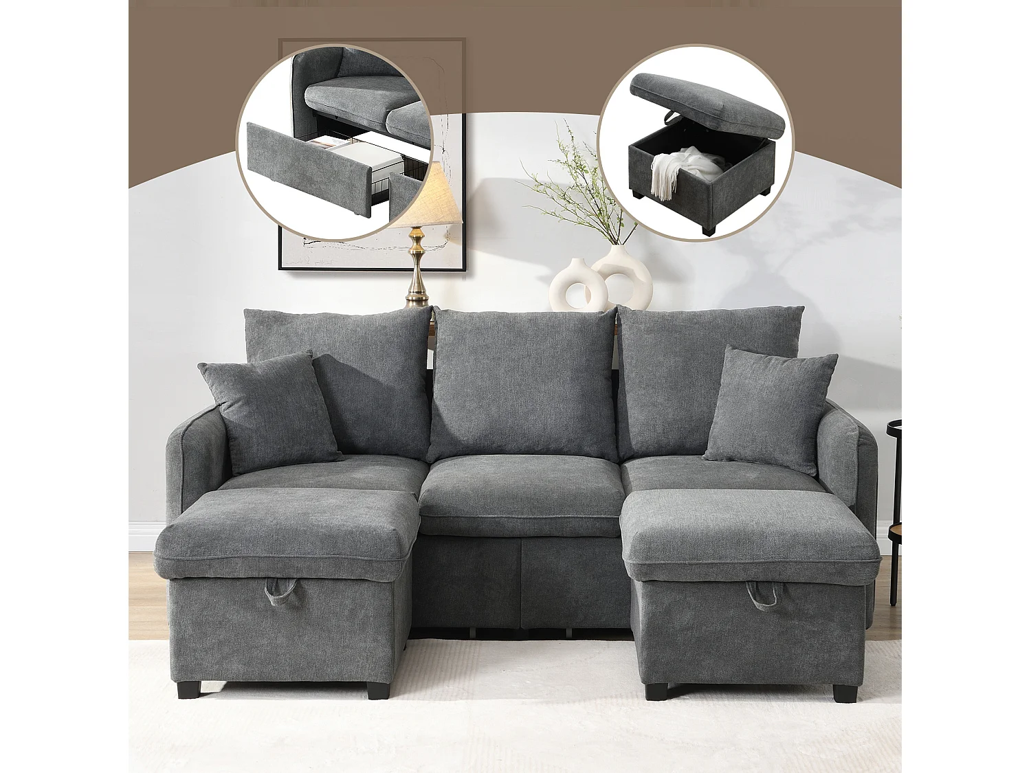 Sofá esquinero multifuncional de 3 plazas con compartimento de almacenaje, puf incluido, función cama, en tejido de chenilla gris oscuro (188x186x86 cm)