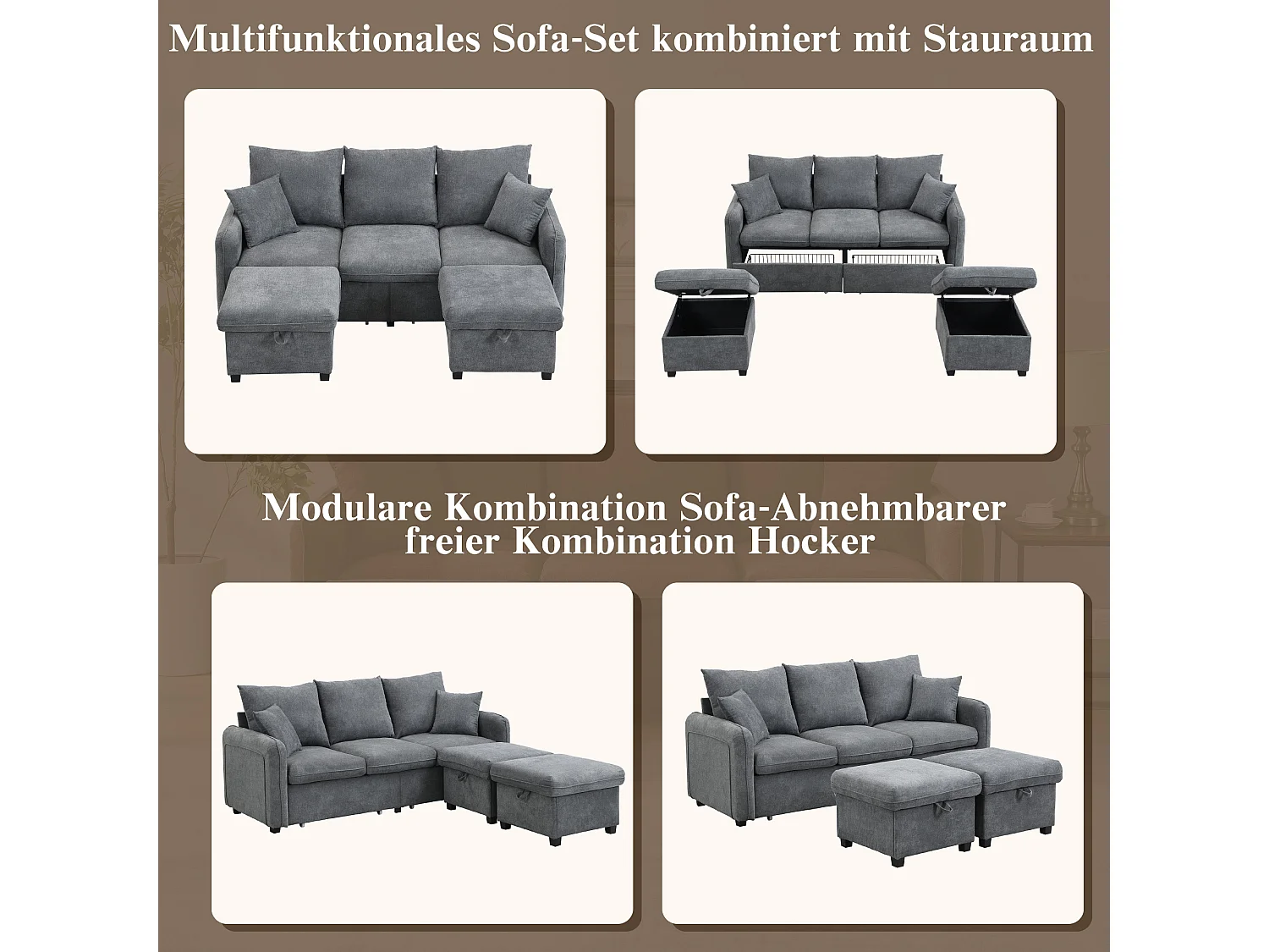 Sofá esquinero multifuncional de 3 plazas con compartimento de almacenaje, puf incluido, función cama, en tejido de chenilla gris oscuro (188x186x86 cm)