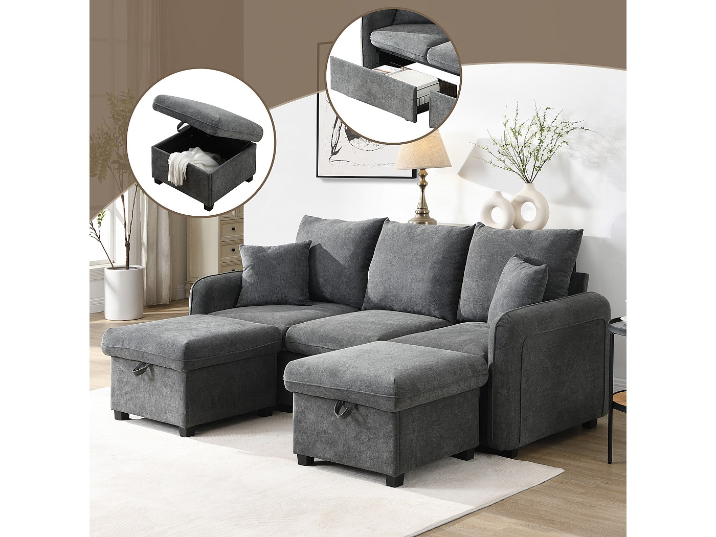 Canapé D'angle 3 Places + 2 Poufs Avec Rangement - Tissu Chenille, Convertible En Lit, Gris Foncé | Idéal Petit Salon, Appartement