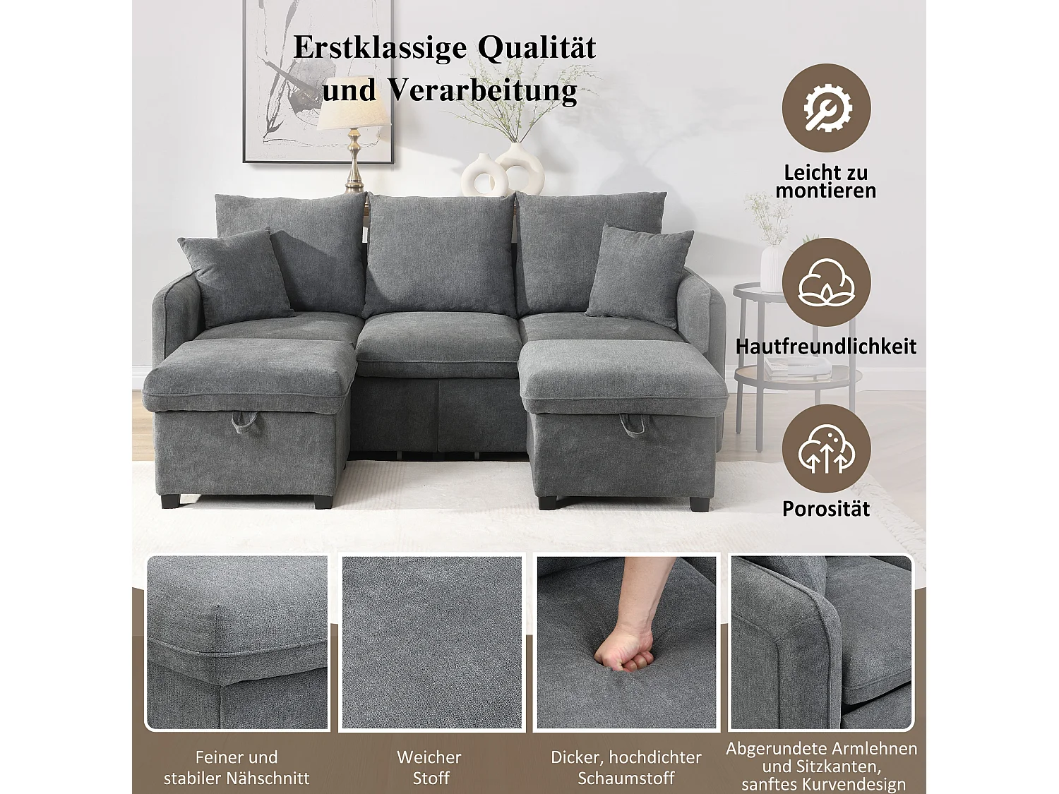 Multifunctionele 3-zits hoekbank met opbergvak, inclusief voetenbank, bedfunctie, in donkergrijze chenillestof (188x186x86 cm)