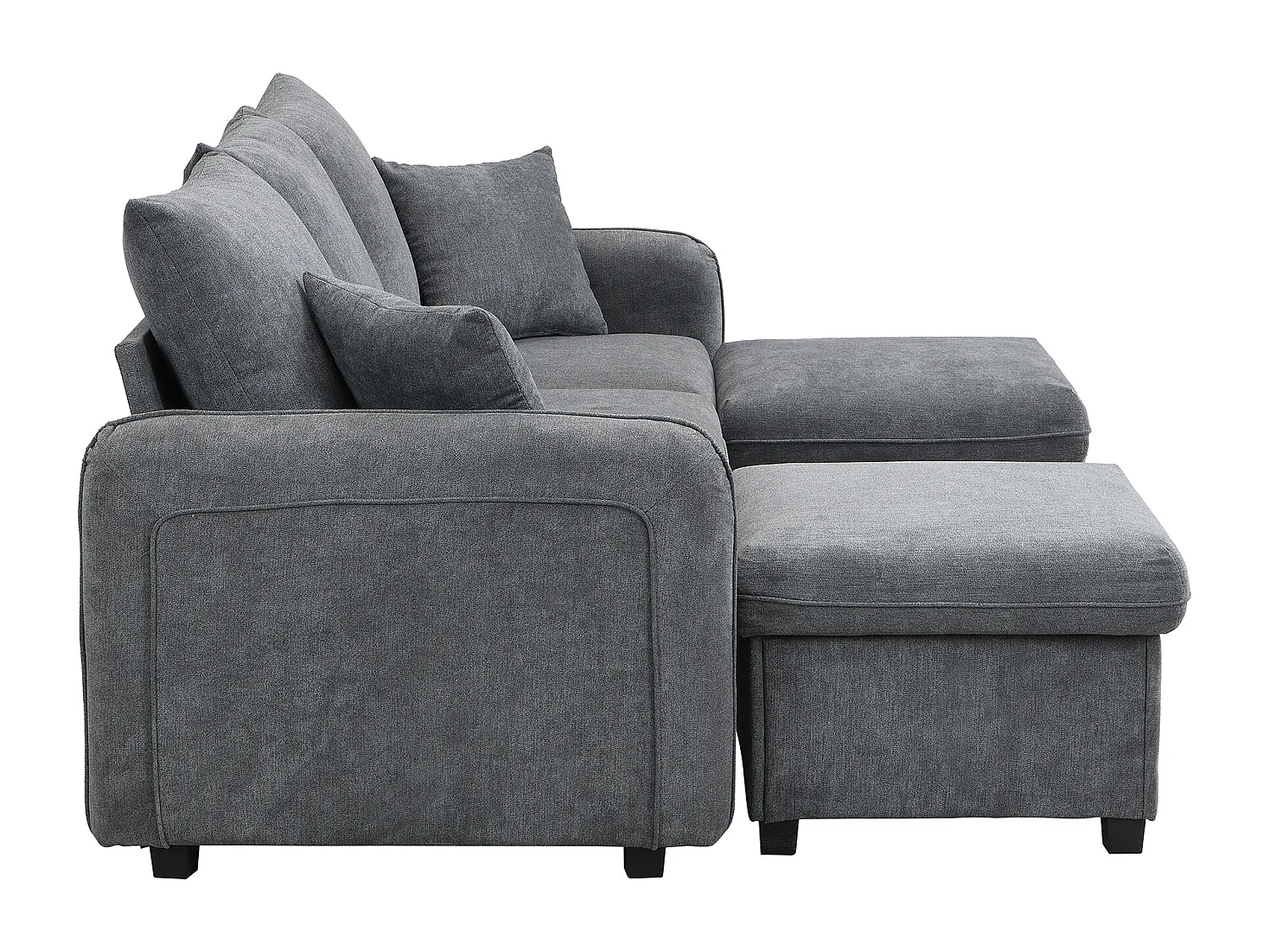 Multifunctionele 3-zits hoekbank met opbergvak, inclusief voetenbank, bedfunctie, in donkergrijze chenillestof (188x186x86 cm)