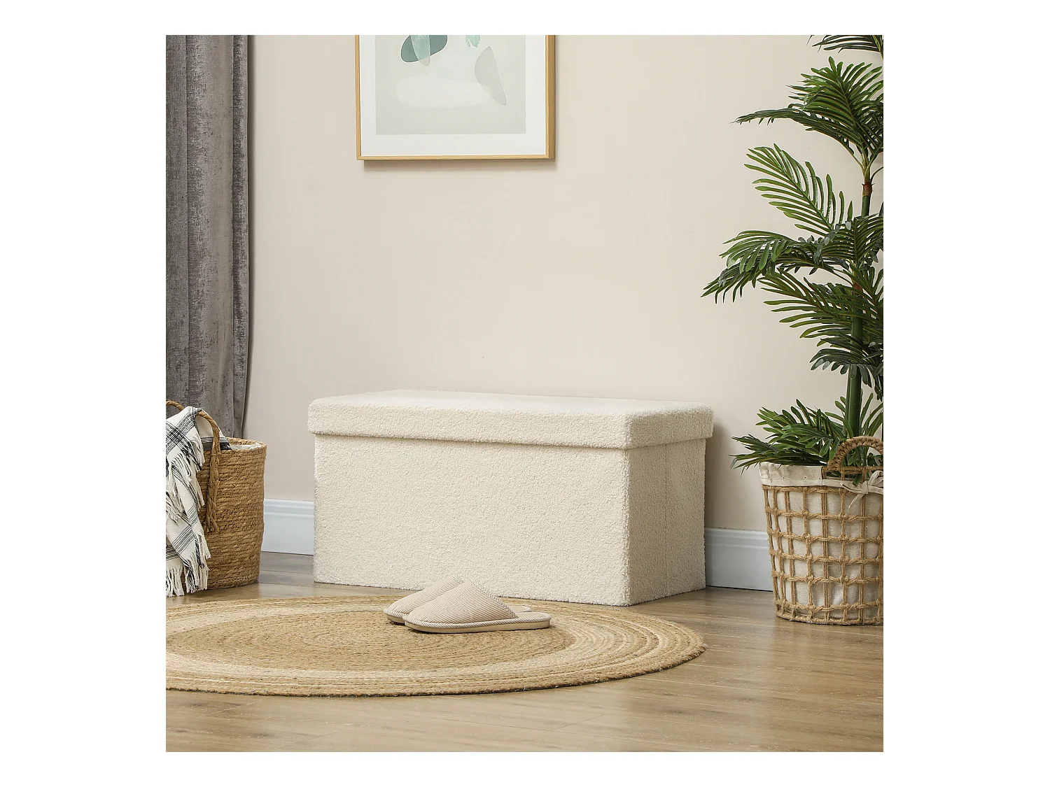 Opvouwbare opbergbank, fluweel en MDF, multifunctioneel, crèmewit, met opbergvak (76x38x38cm)