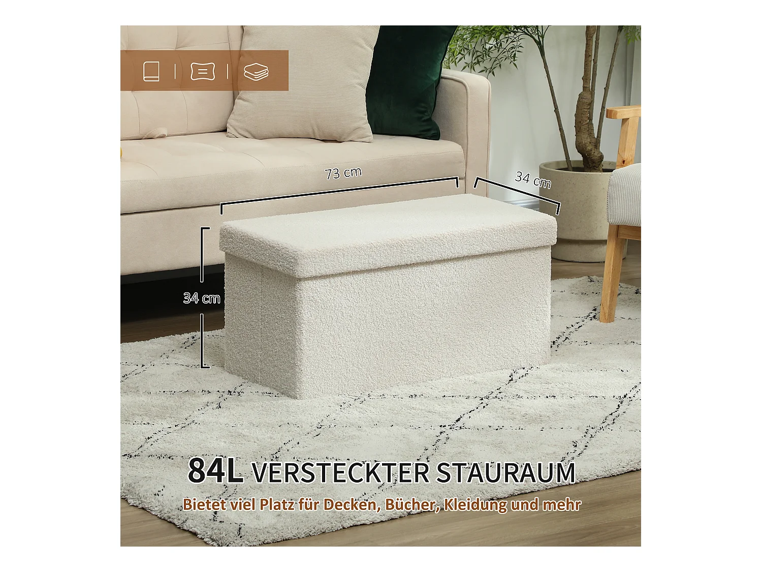 Opvouwbare opbergbank, fluweel en MDF, multifunctioneel, crèmewit, met opbergvak (76x38x38cm)