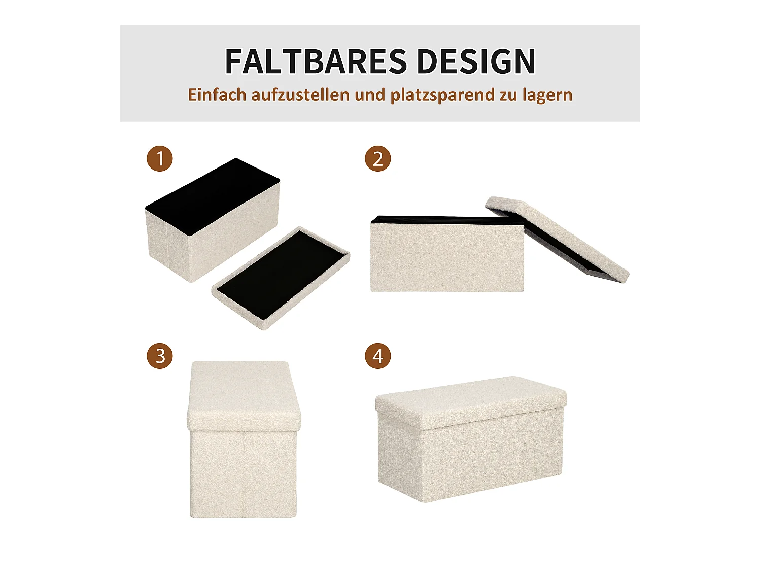 Opvouwbare opbergbank, fluweel en MDF, multifunctioneel, crèmewit, met opbergvak (76x38x38cm)