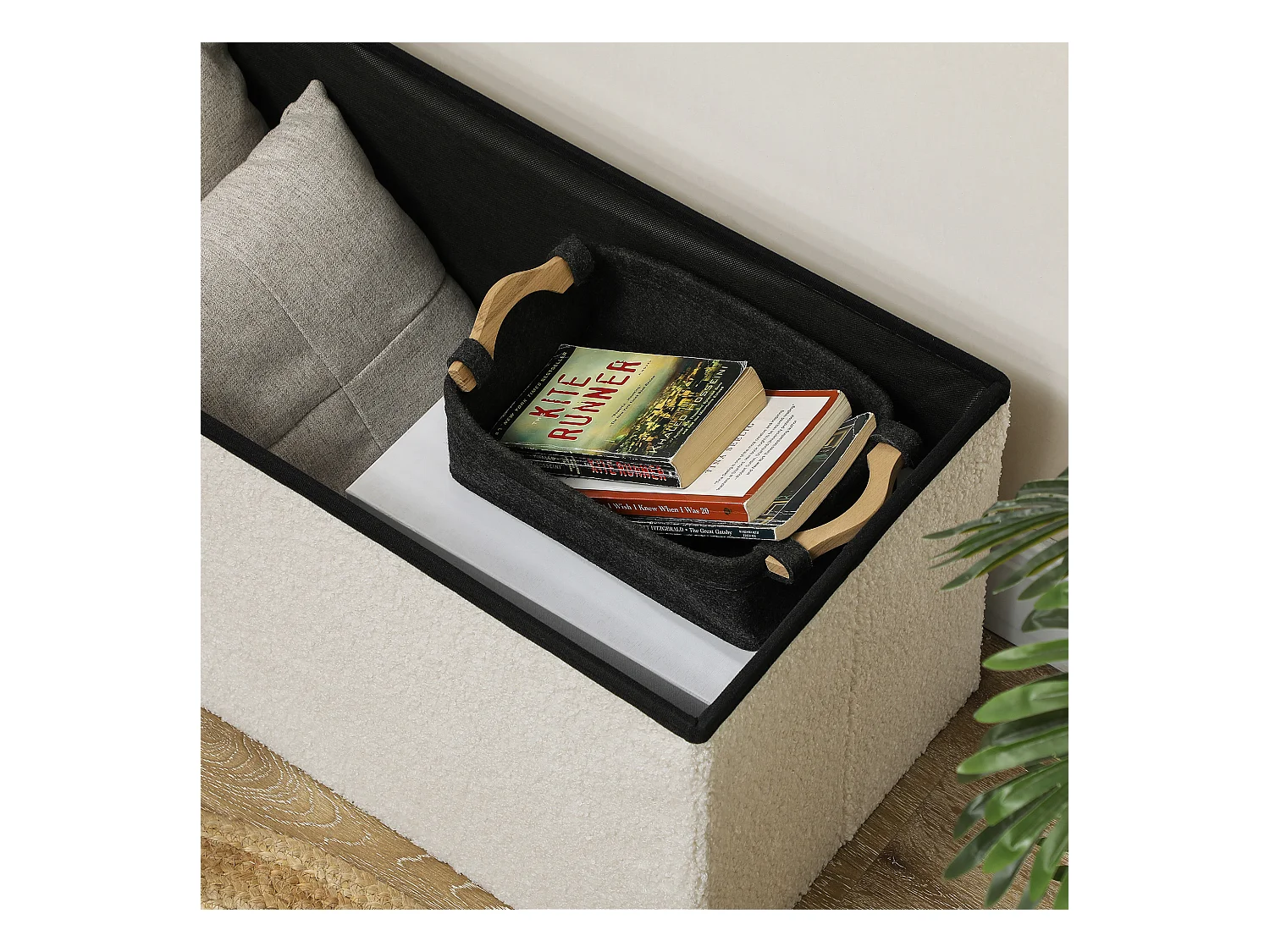 Opvouwbare opbergbank, fluweel en MDF, multifunctioneel, crèmewit, met opbergvak (76x38x38cm)