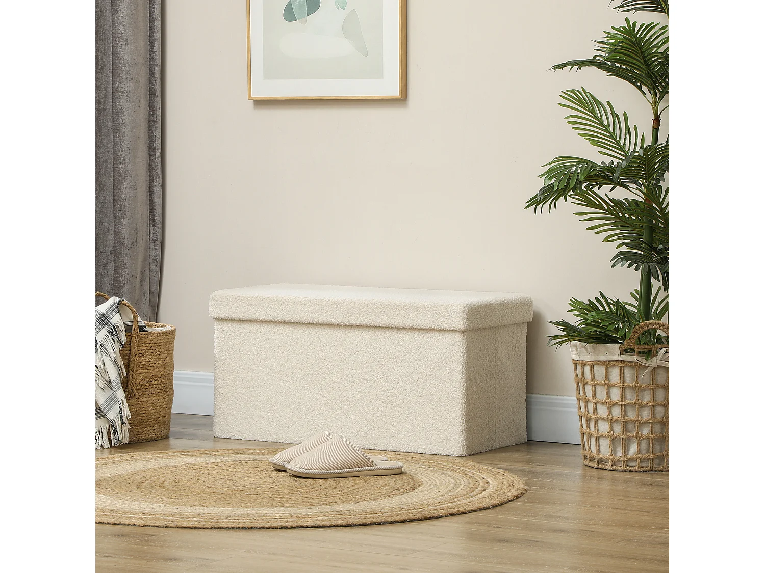 Banc de rangement pliable, velours et MDF, multifonction, blanc crème, avec compartiment de stockage (76x38x38cm)