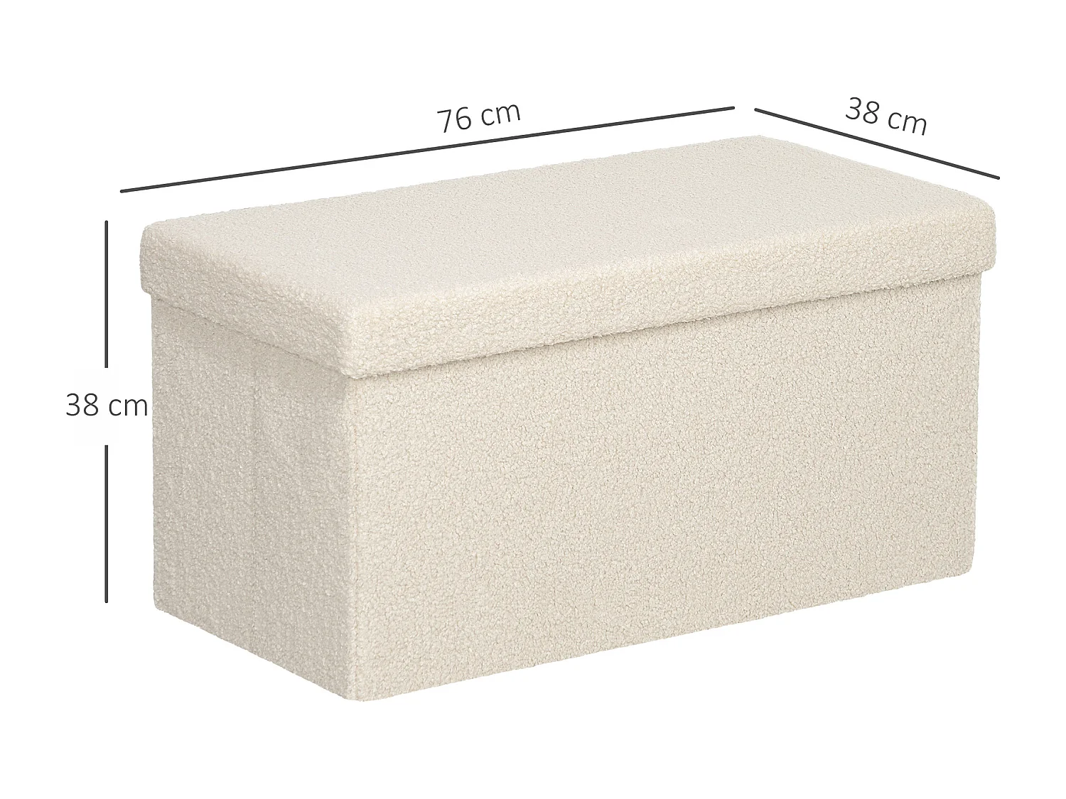 Banc de rangement pliable, velours et MDF, multifonction, blanc crème, avec compartiment de stockage (76x38x38cm)