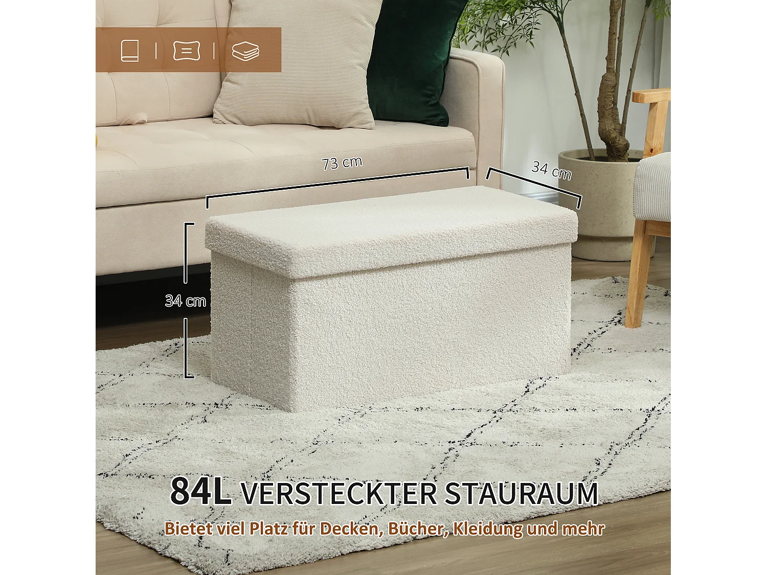 Banc de rangement pliable, velours et MDF, multifonction, blanc crème, avec compartiment de stockage (76x38x38cm)