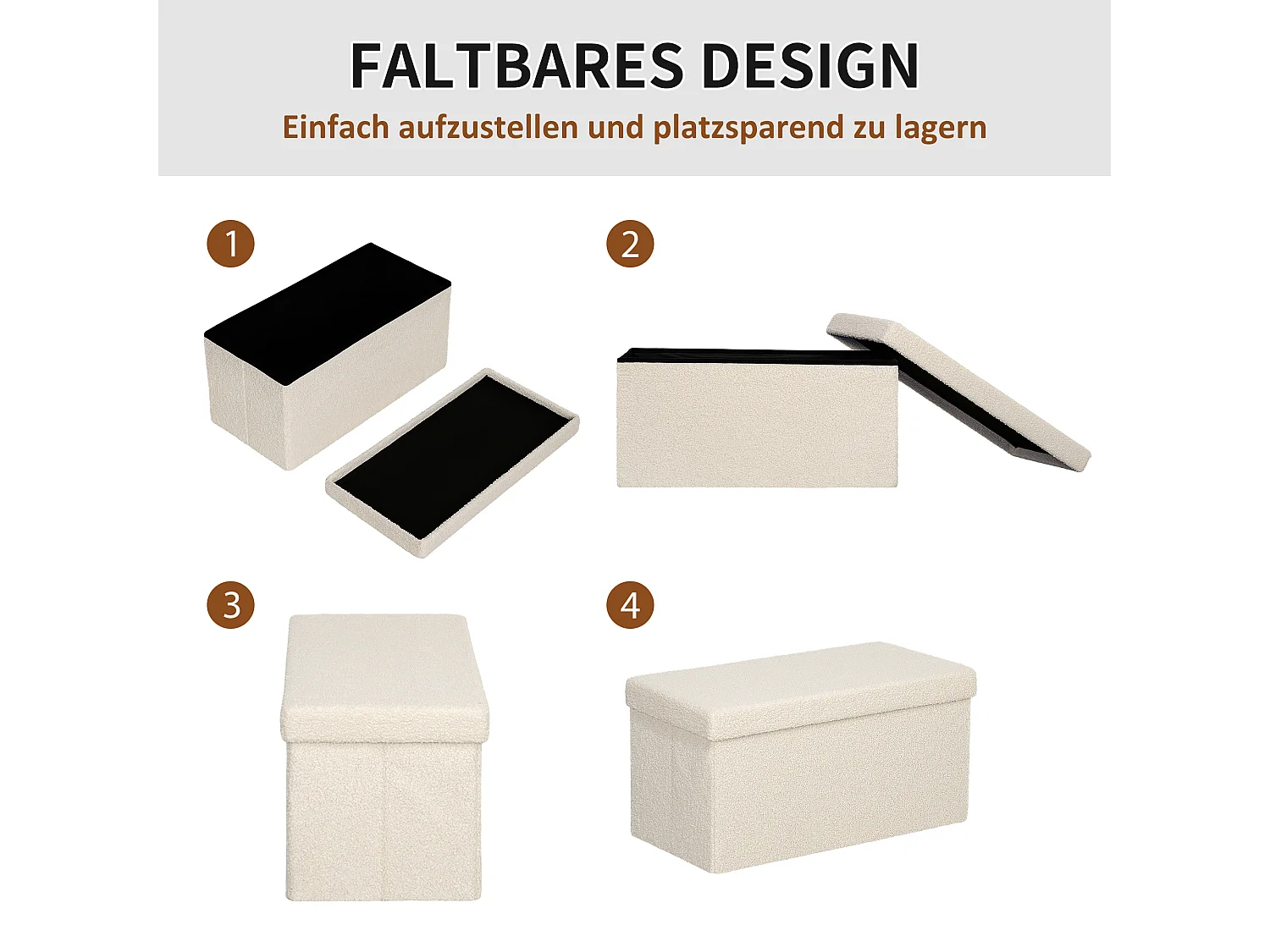 Banc de rangement pliable, velours et MDF, multifonction, blanc crème, avec compartiment de stockage (76x38x38cm)