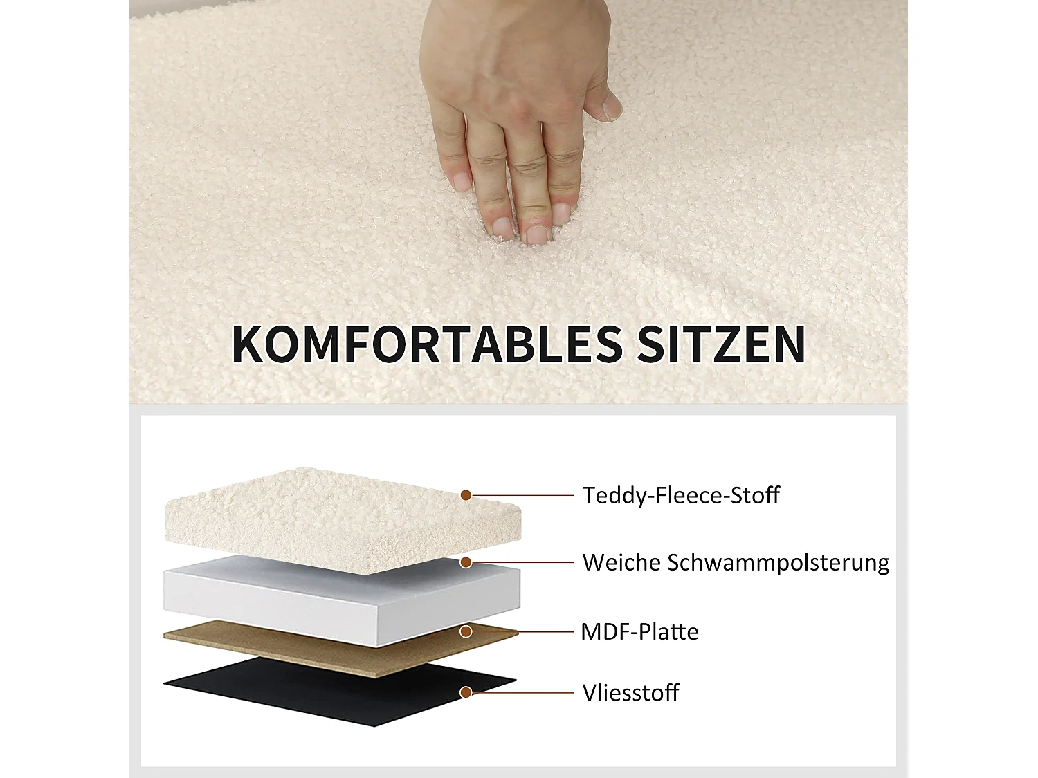 Banc de rangement pliable, velours et MDF, multifonction, blanc crème, avec compartiment de stockage (76x38x38cm)