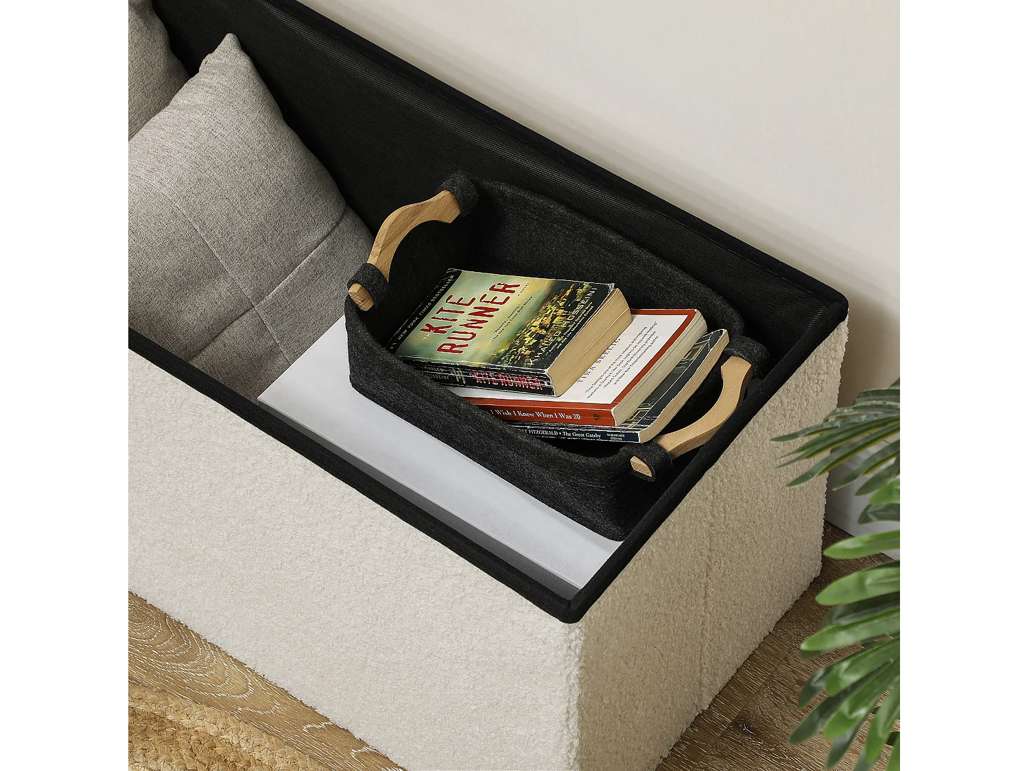 Banc de rangement pliable, velours et MDF, multifonction, blanc crème, avec compartiment de stockage (76x38x38cm)