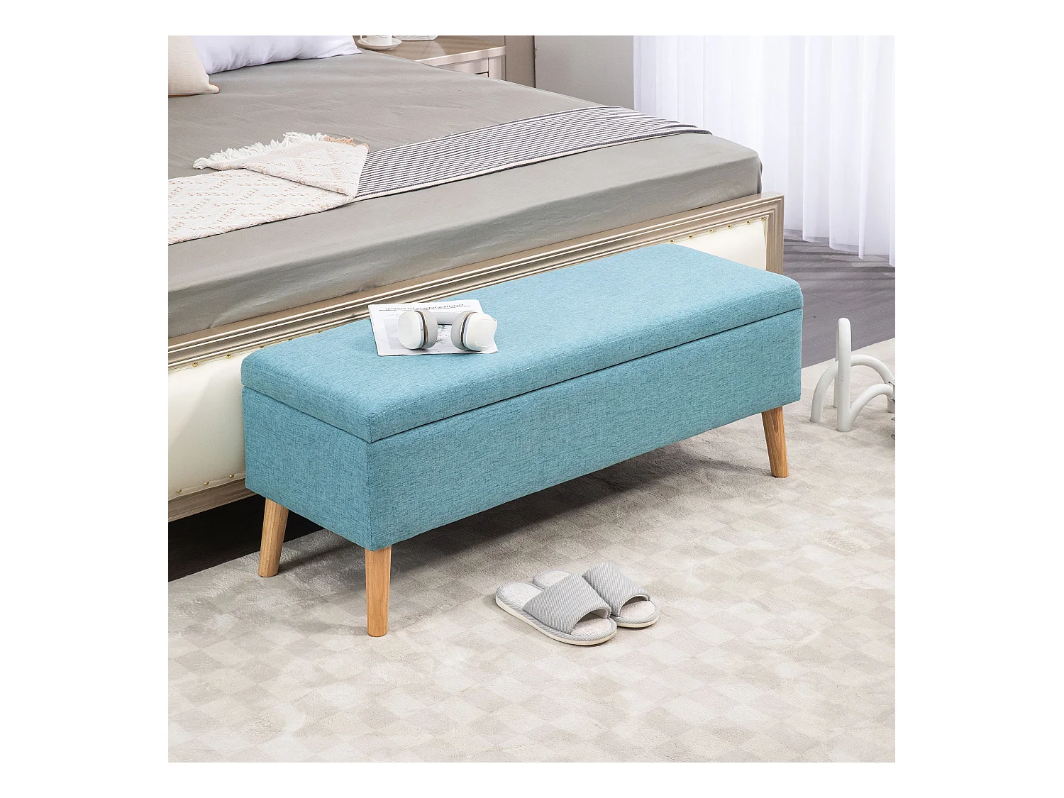 Banc de rangement capitonné, style scandinave, polyester imitation lin, pieds en bois, bleu (110x39x45cm)