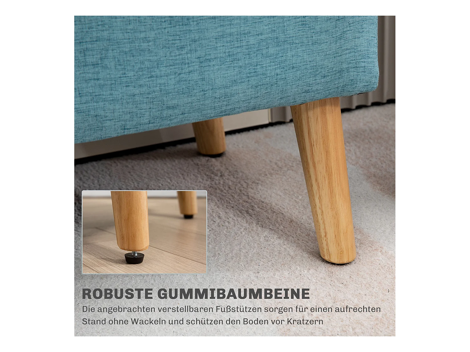 Banc de rangement capitonné, style scandinave, polyester imitation lin, pieds en bois, bleu (110x39x45cm)