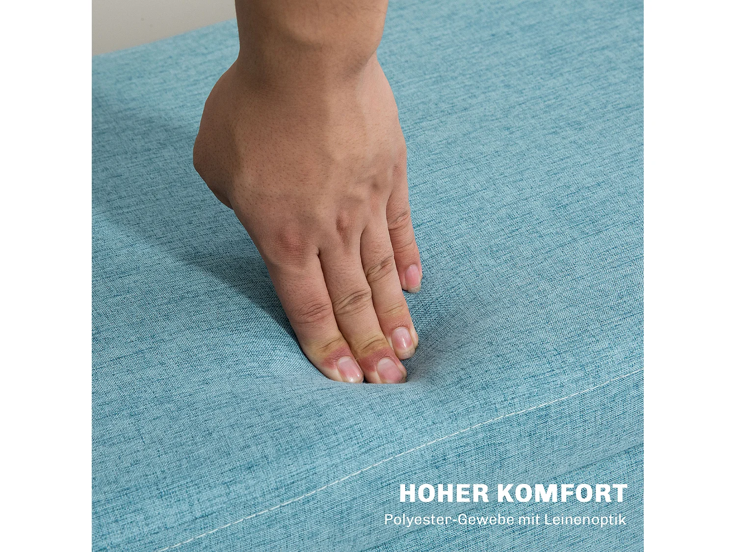 Banc de rangement capitonné, style scandinave, polyester imitation lin, pieds en bois, bleu (110x39x45cm)