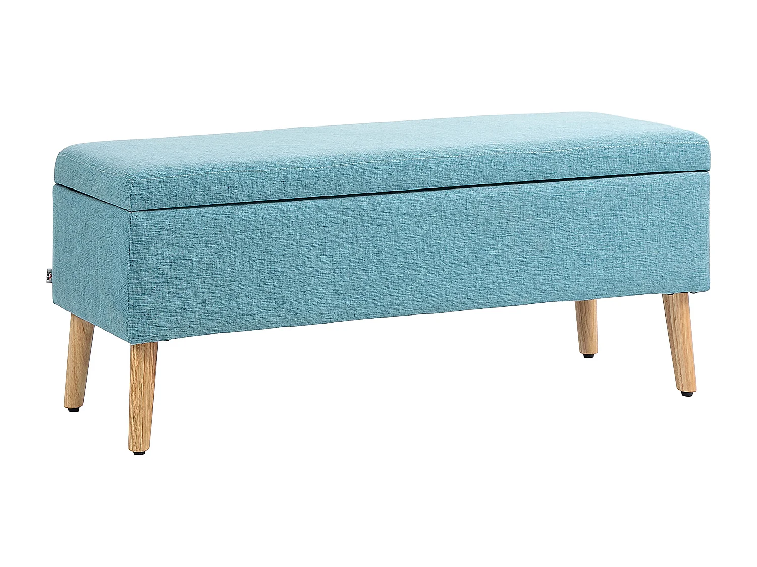 Banc de rangement capitonné, style scandinave, polyester imitation lin, pieds en bois, bleu (110x39x45cm)