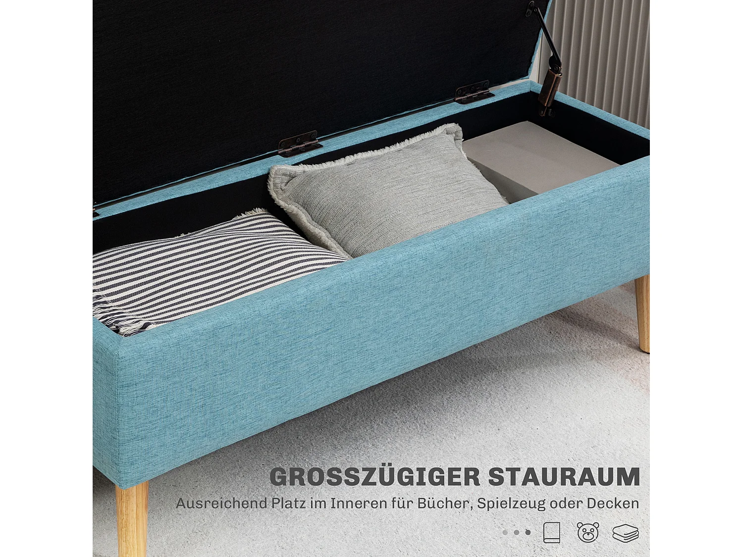 Banc de rangement capitonné, style scandinave, polyester imitation lin, pieds en bois, bleu (110x39x45cm)