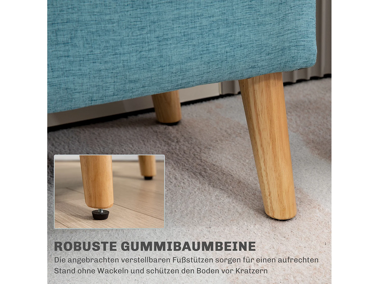 Banc de rangement capitonné, style scandinave, polyester imitation lin, pieds en bois, bleu (110x39x45cm)